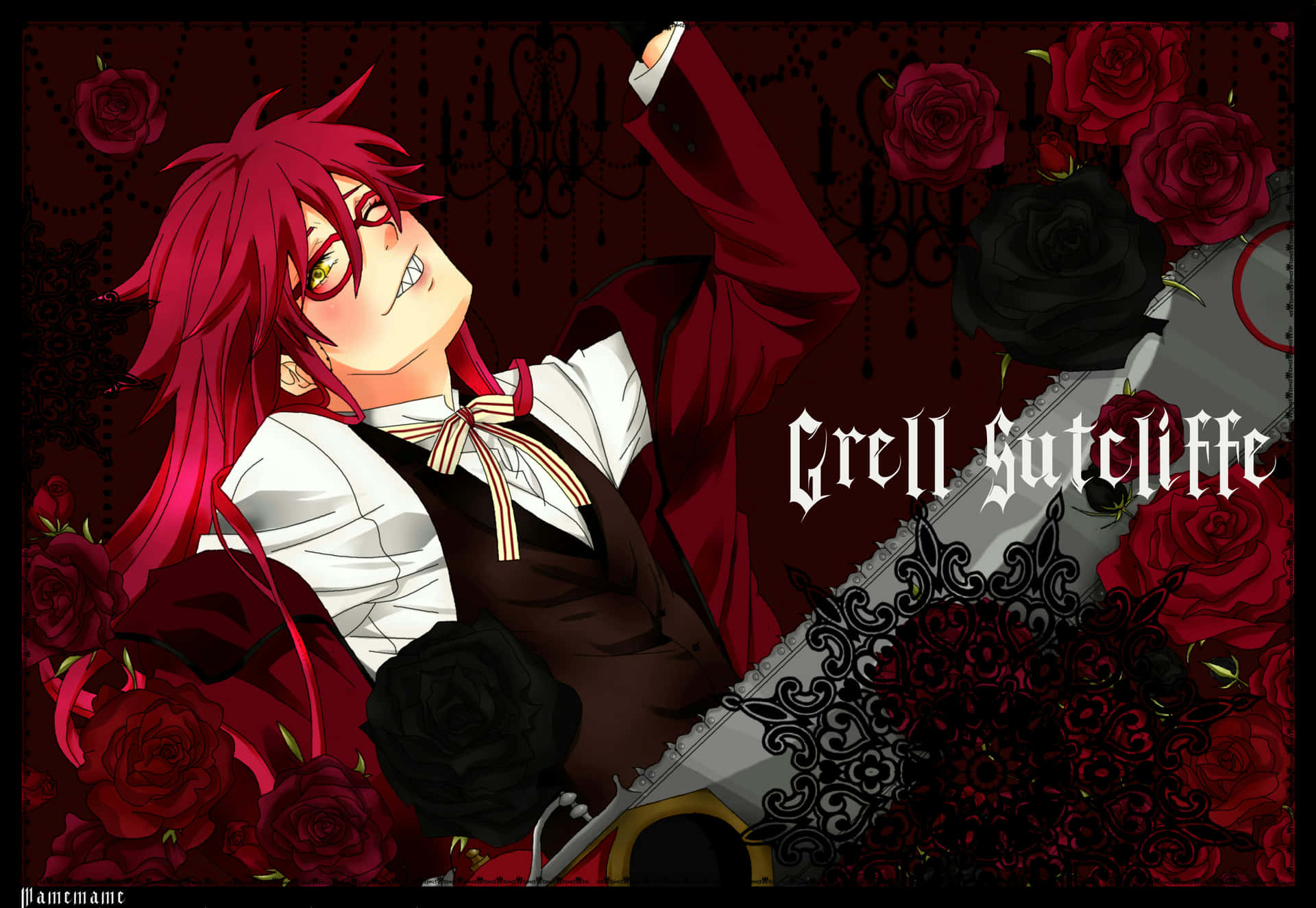 動漫角色Grell Sutcliff，紅髮持劍，被玫瑰環繞。