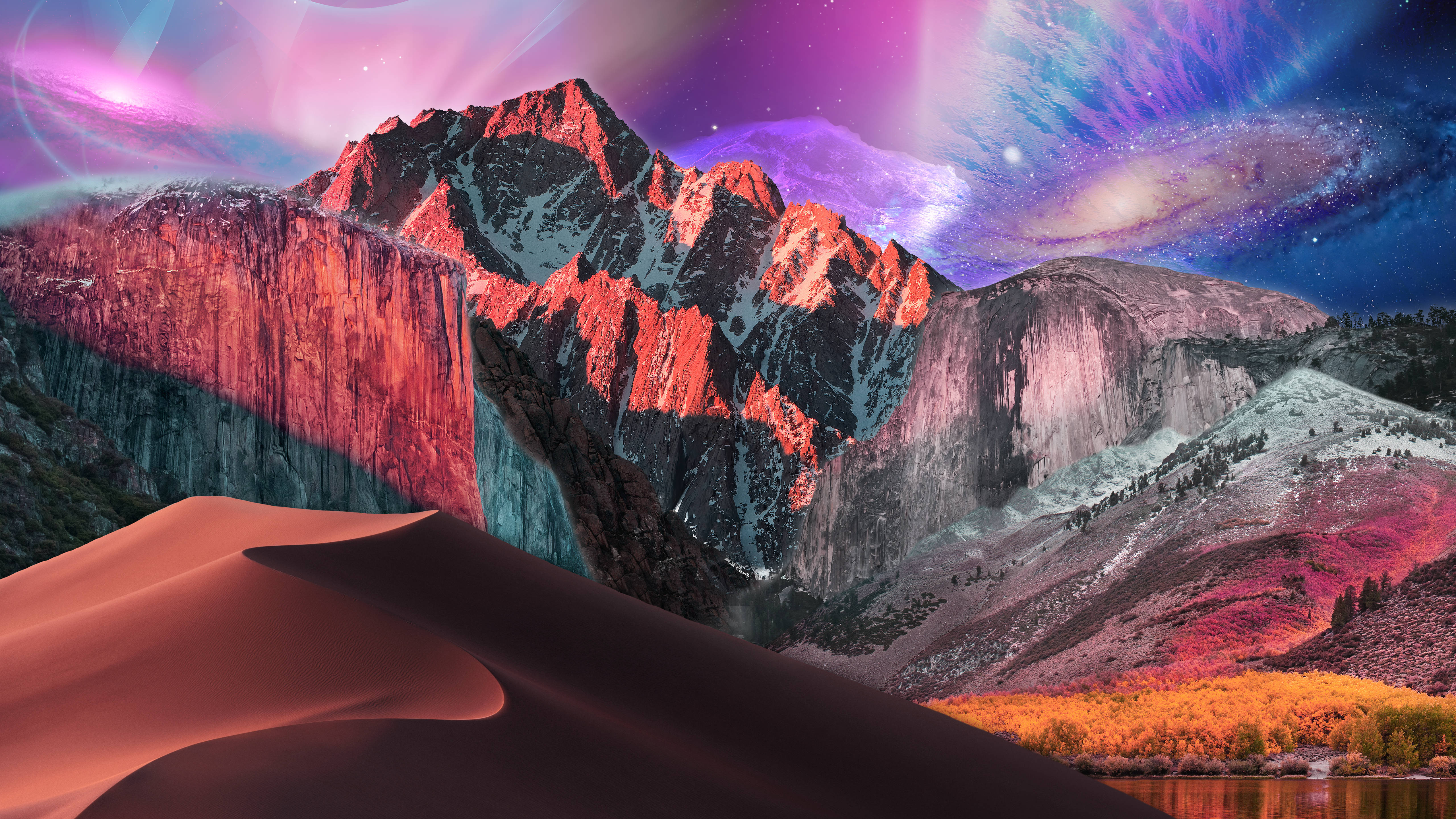 賽拉山脈風景 macOS Monterey 壁紙 — 超現實的山脈沐浴在宇宙粉紅和紫色極光中，前景是沙漠沙丘。