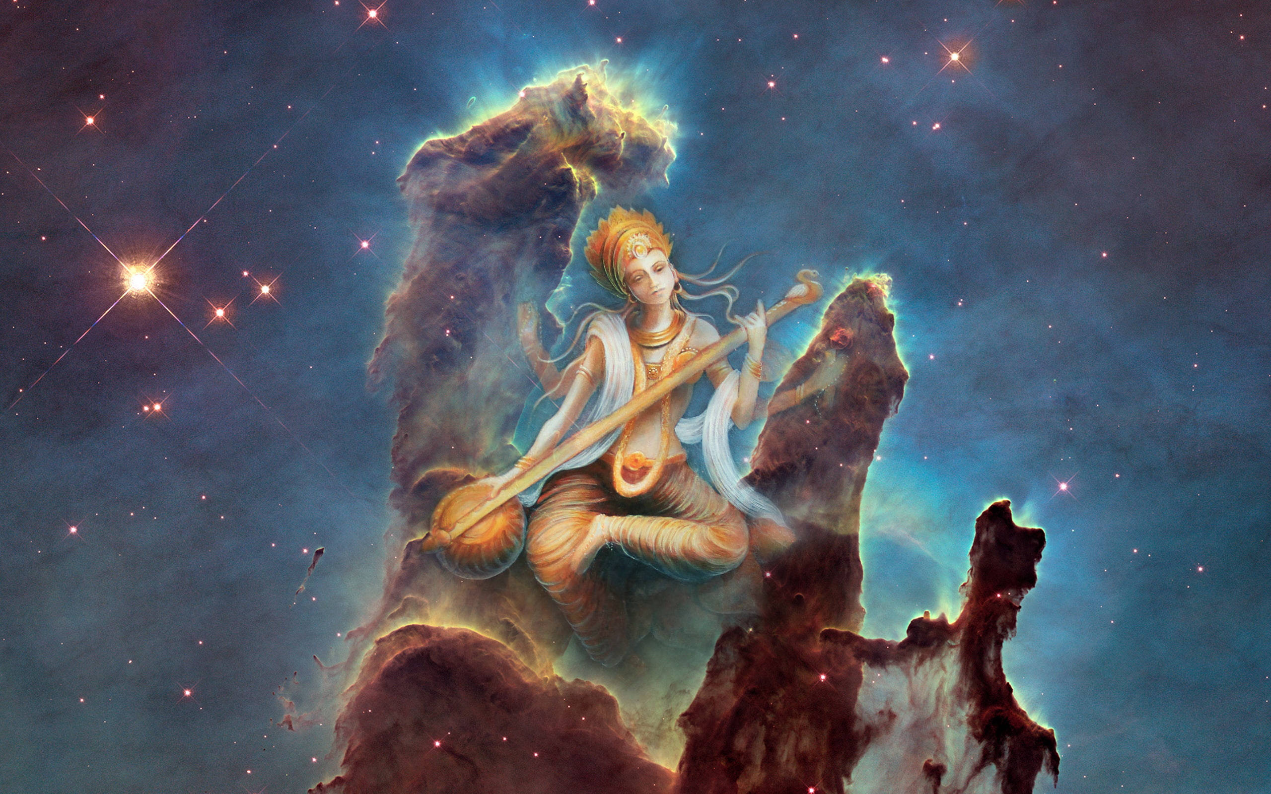 賽拉絲瓦蒂幻想風藝術 壁紙 — 一位金髮的神聖人物在星雲中閃爍著藍色和橙色色調的宇宙柱上吹奏長笛。