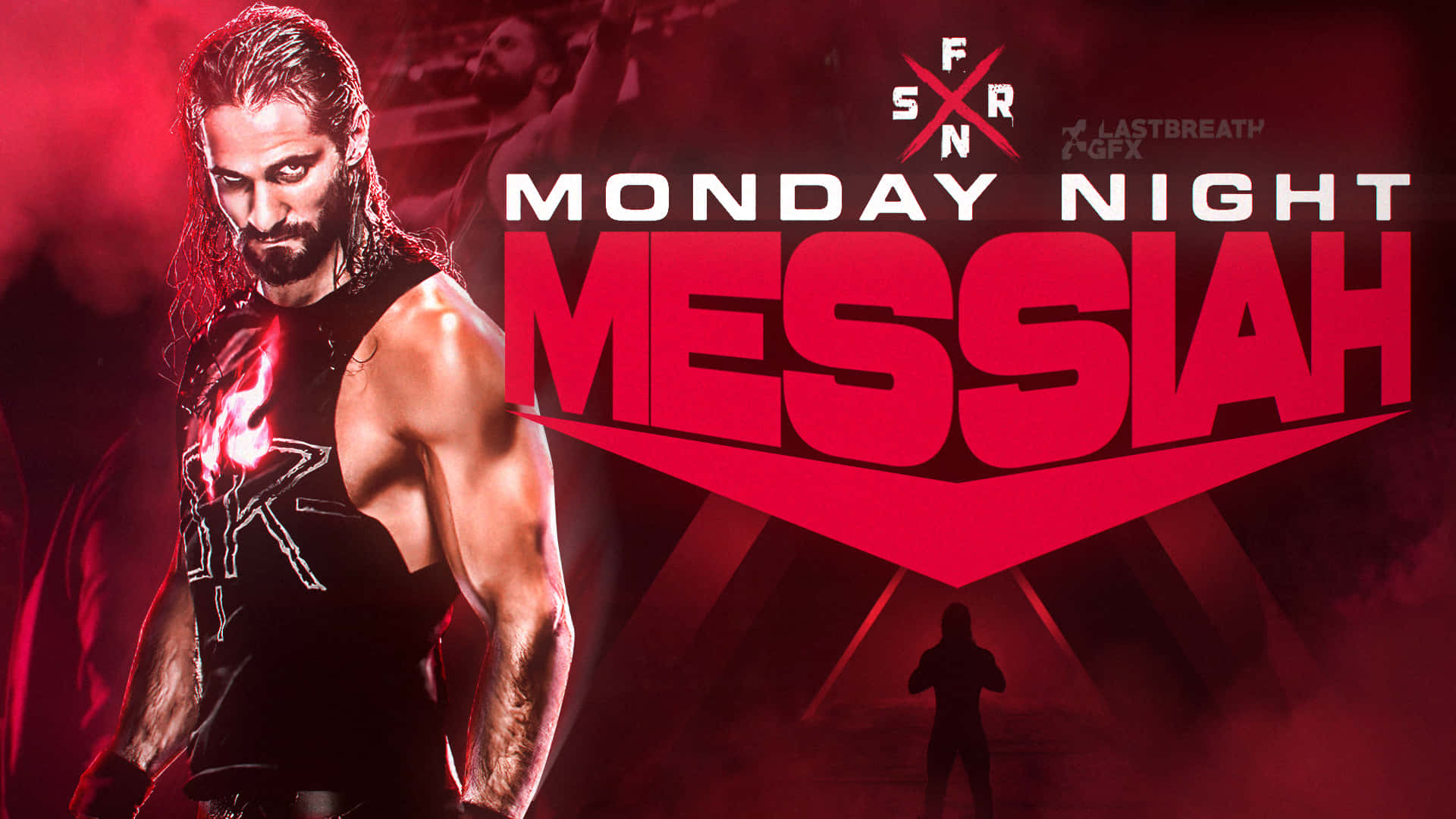 摔角手在紅光照耀的競技場中，帶着「Monday Night Messiah」文字和陰影人物。