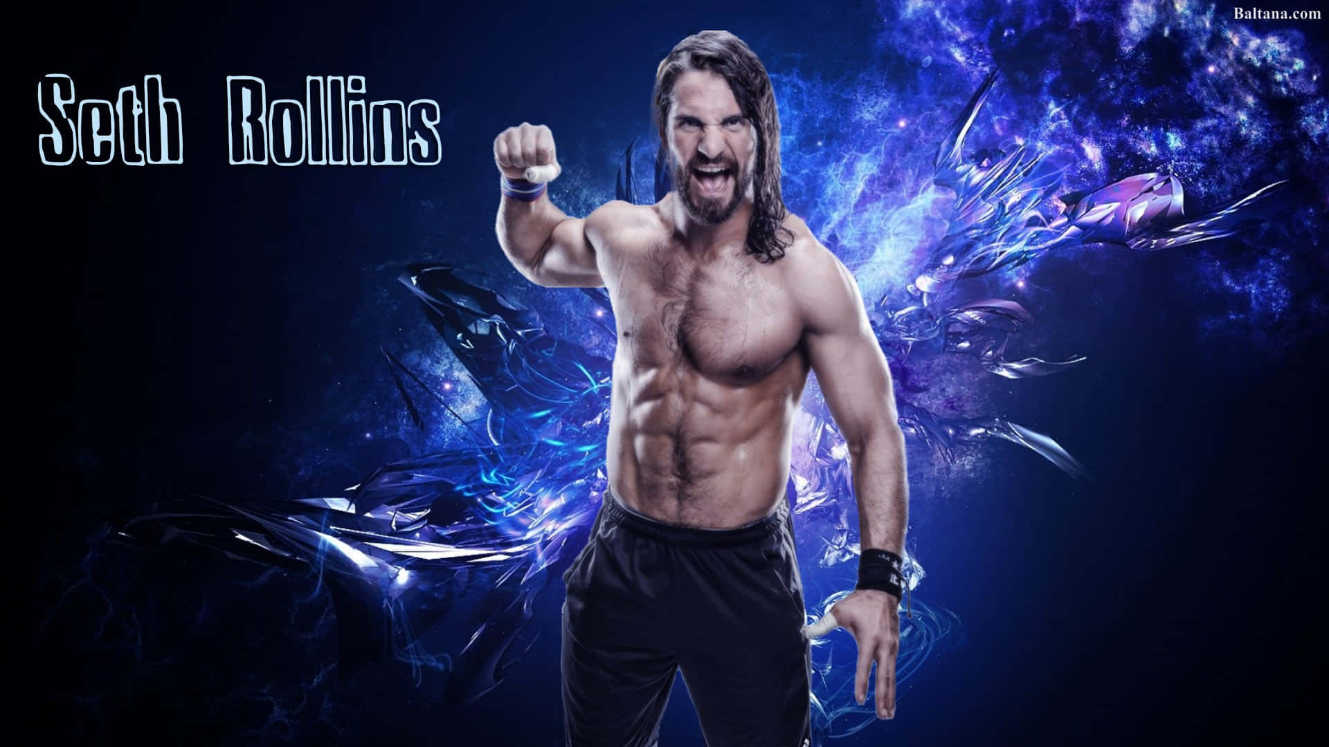 摔角手 Seth Rollins 在宇宙藍色能量爆發背景下強力繃緊肌肉。