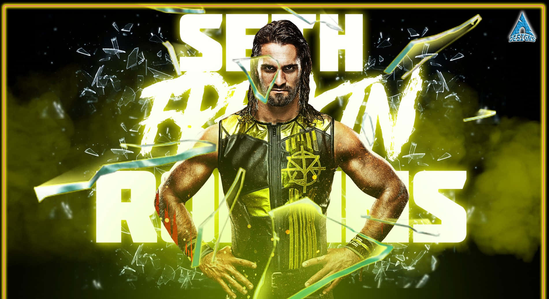 摔角手 Seth Rollins 以動態姿勢呈現，搭配碎裂玻璃和發光文字。