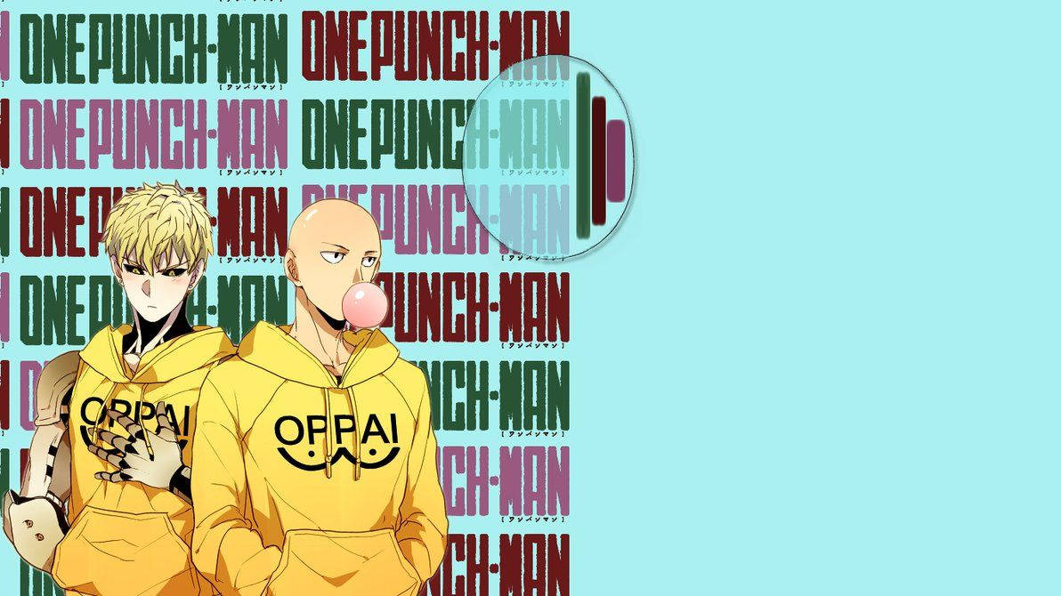 兩個穿著黃色連帽衫的動漫角色，帶有「OPPA!」標誌，一個在吹泡泡糖，背景為重複的標題背景。