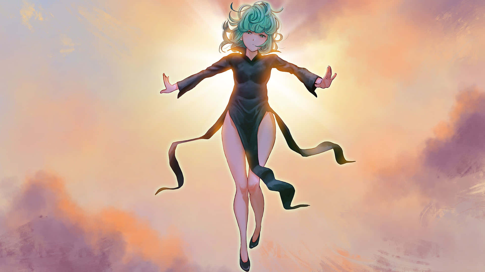 青綠色頭髮的動漫女孩在夕陽天空中漂浮，穿著黑色連衣裙和絲帶。