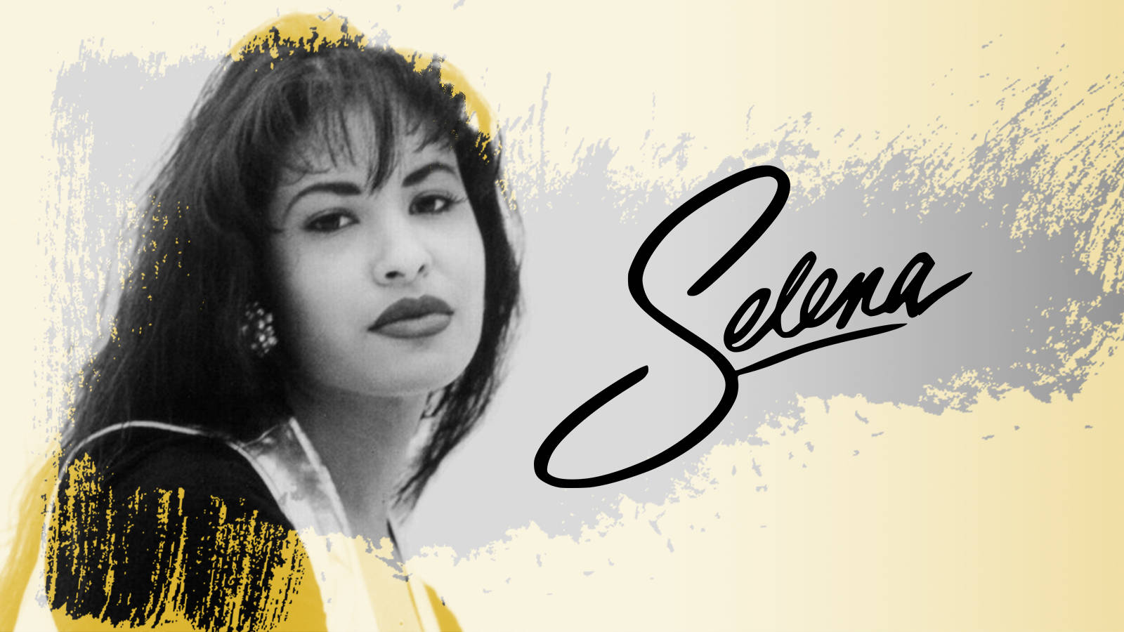 賽琳娜·奎因塔尼拉黃邊藝術編輯 壁紙 — 一幅風格化的Selena肖像，大膽的黃色和灰色筆觸勾勒出她的臉龐和簽名。