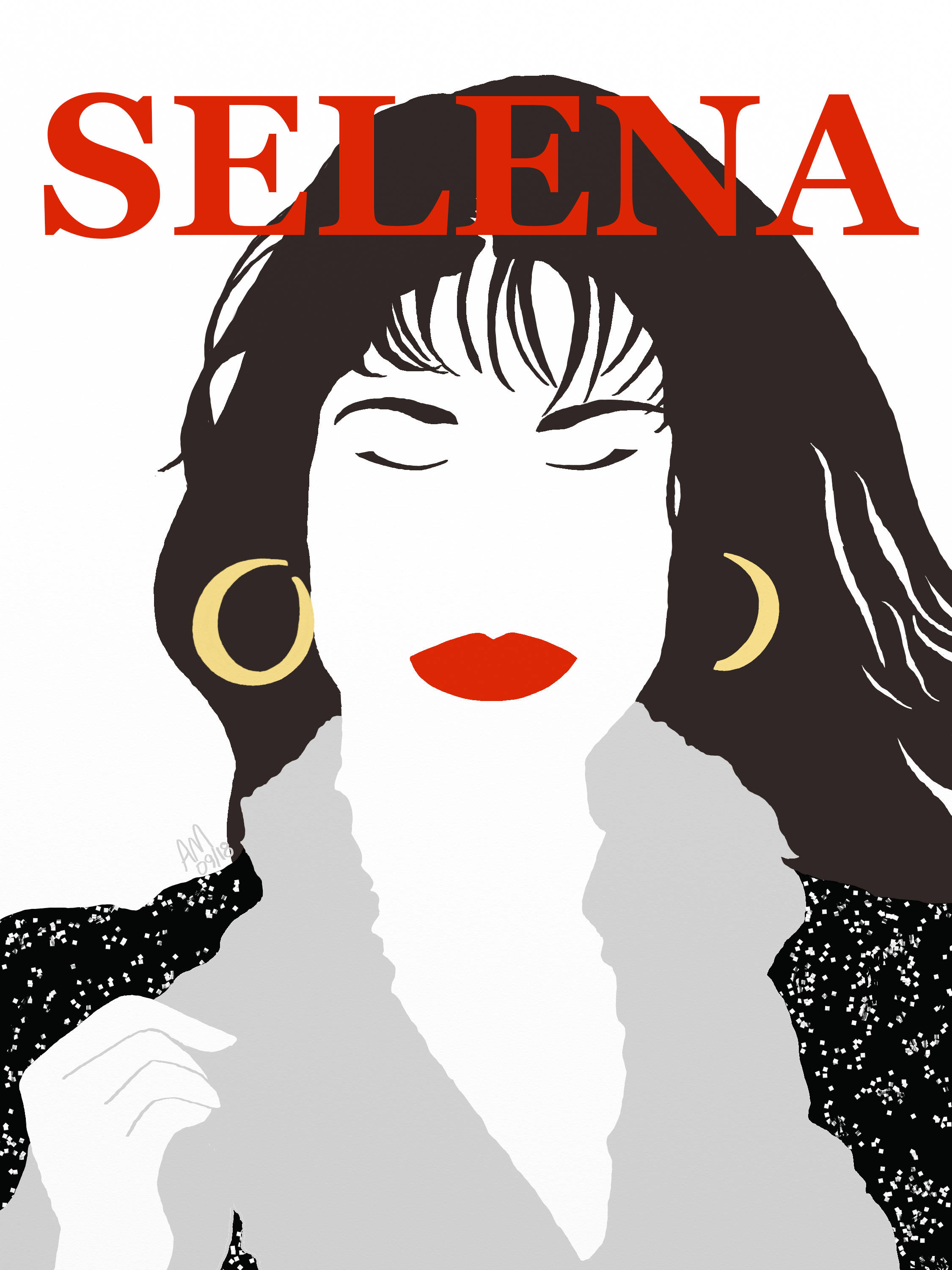 賽琳娜·奎恩塔尼拉向量藝術 壁紙 — Selena 嘅大膽圖像肖像，閉上眼睛，紅唇，戴住金色耳環，背景係純白色。