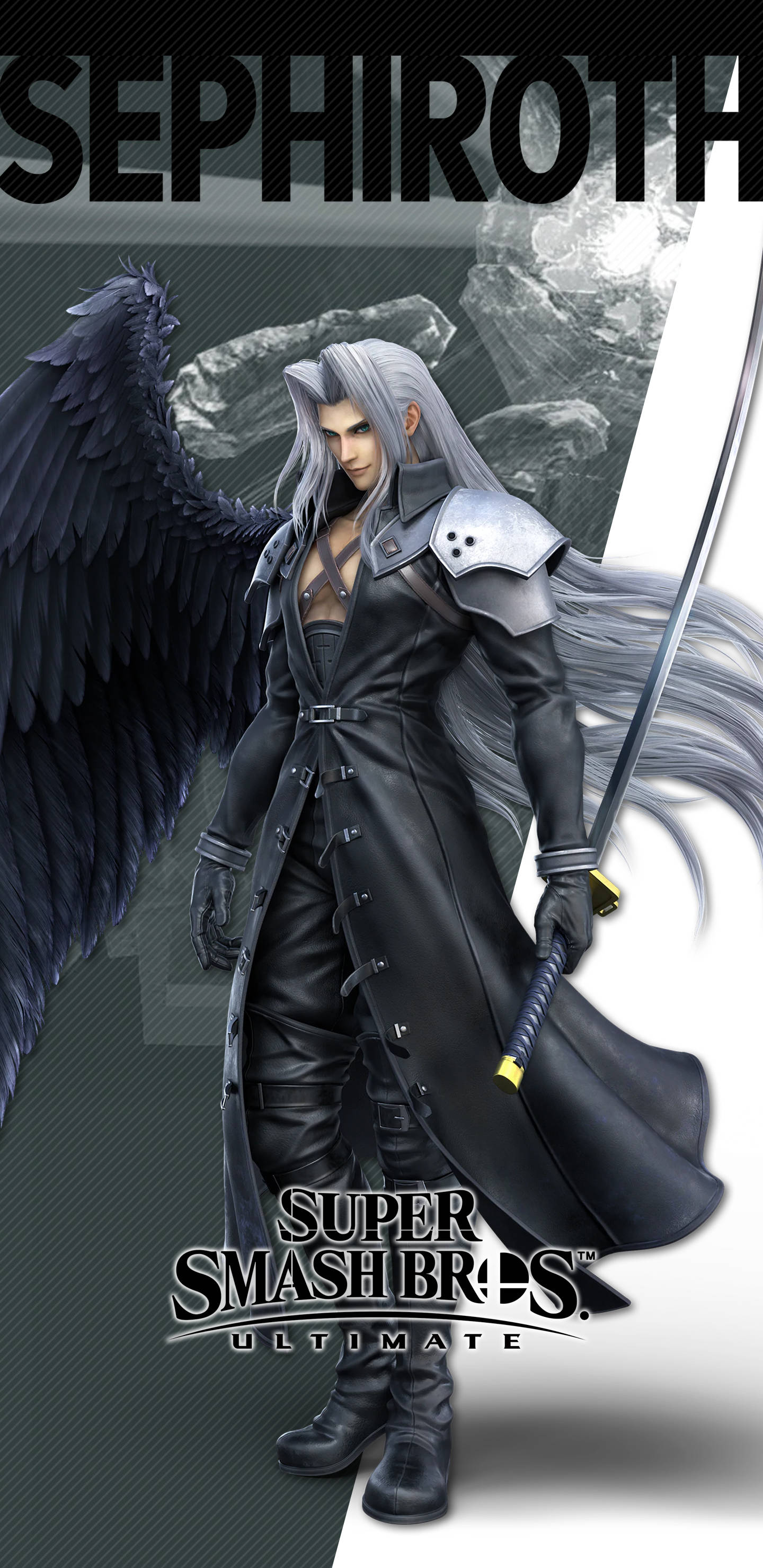 賽菲羅斯《任天堂明星大亂鬥 特別版》造型 壁紙 — Sephiroth 在《任天堂明星大亂鬥 特別版》中，以黑色翅膀和劍，站在破碎的水晶背景前。