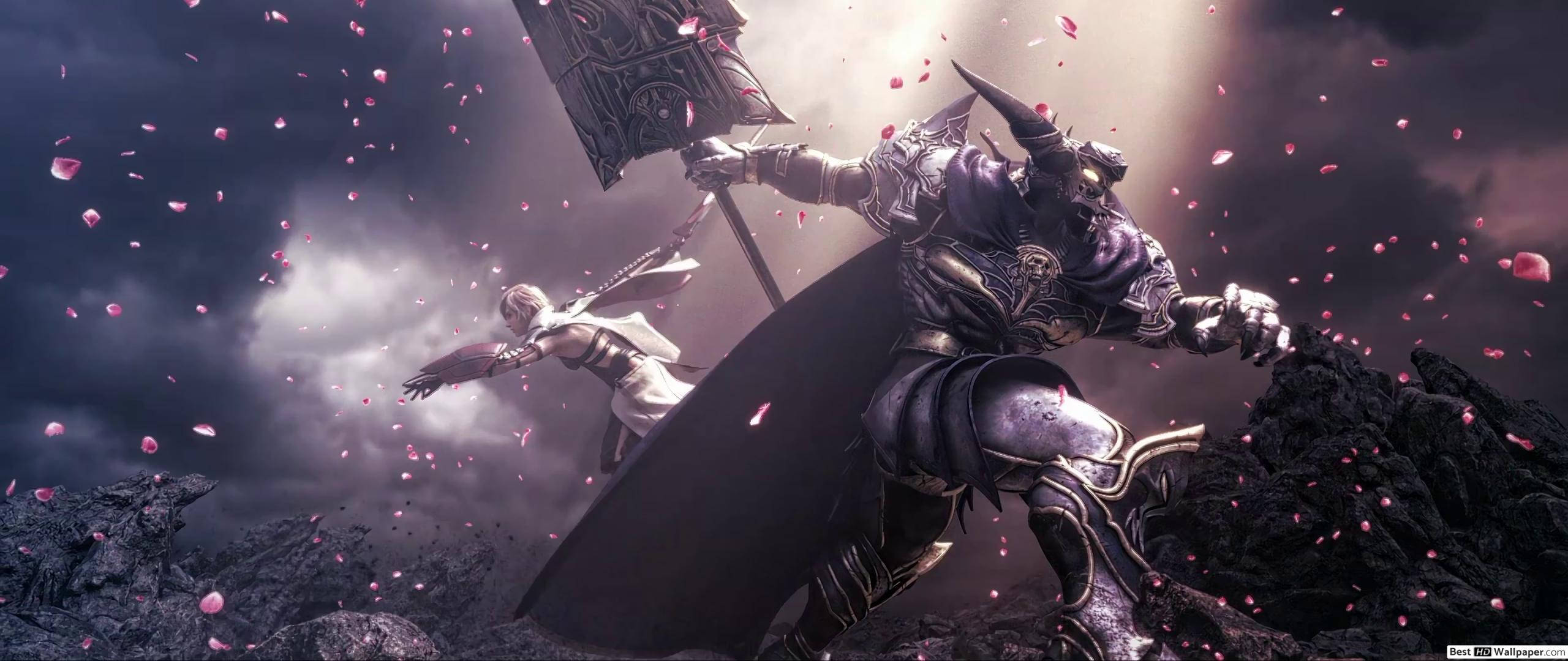 賽菲羅斯對戰裝甲守衛 壁紙 — 一個身穿黑色盔甲的惡魔戰士，手持巨錘，與一位白衣女戰士在飄落的粉紅花瓣和暴風雨的天空下交戰。