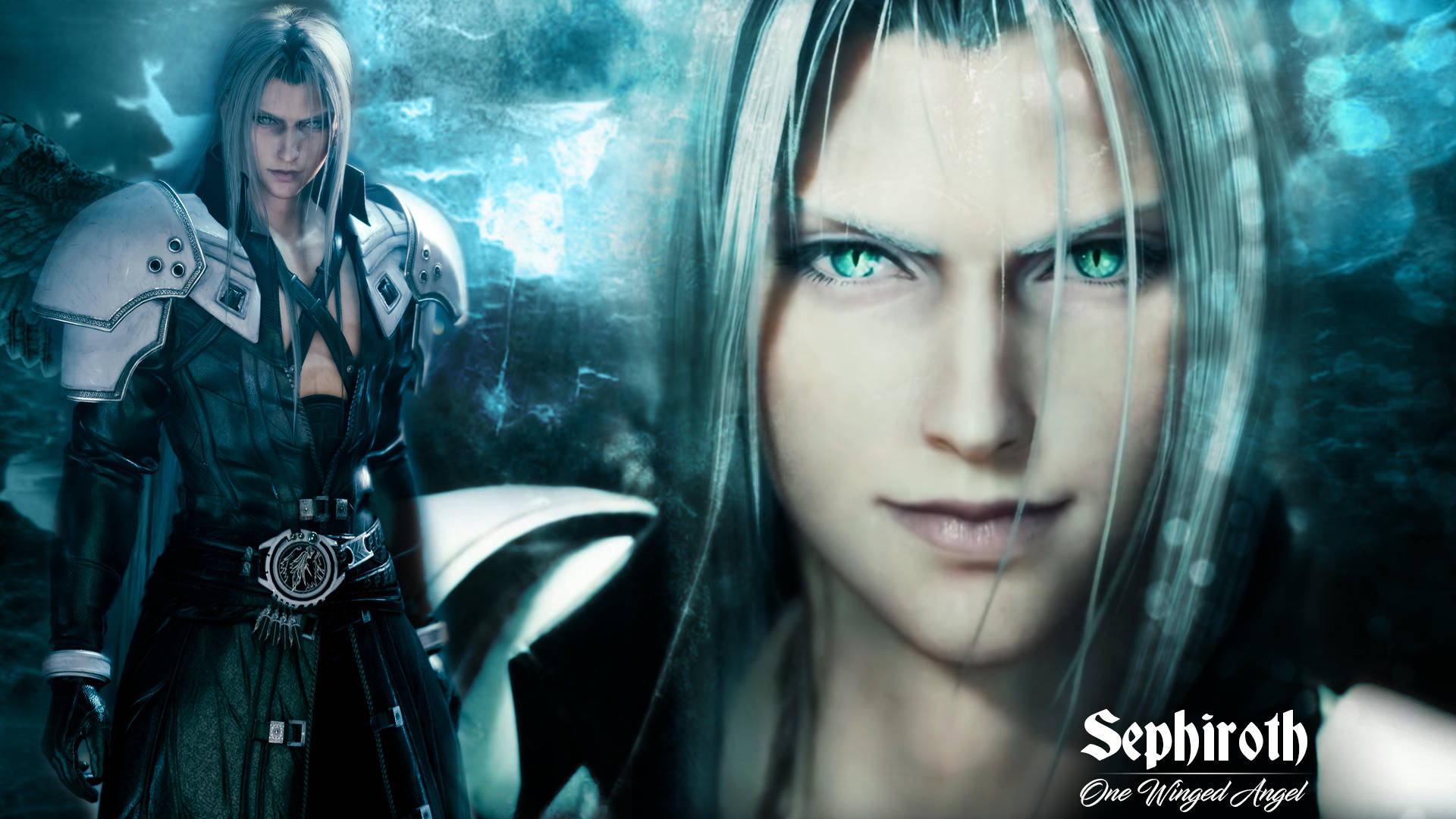 賽菲羅斯綠色縫隙眼 壁紙 — Sephiroth 的頭像特寫，擁有發光的綠色眼睛和銀色頭髮，背景是暴風雨般的藍色。