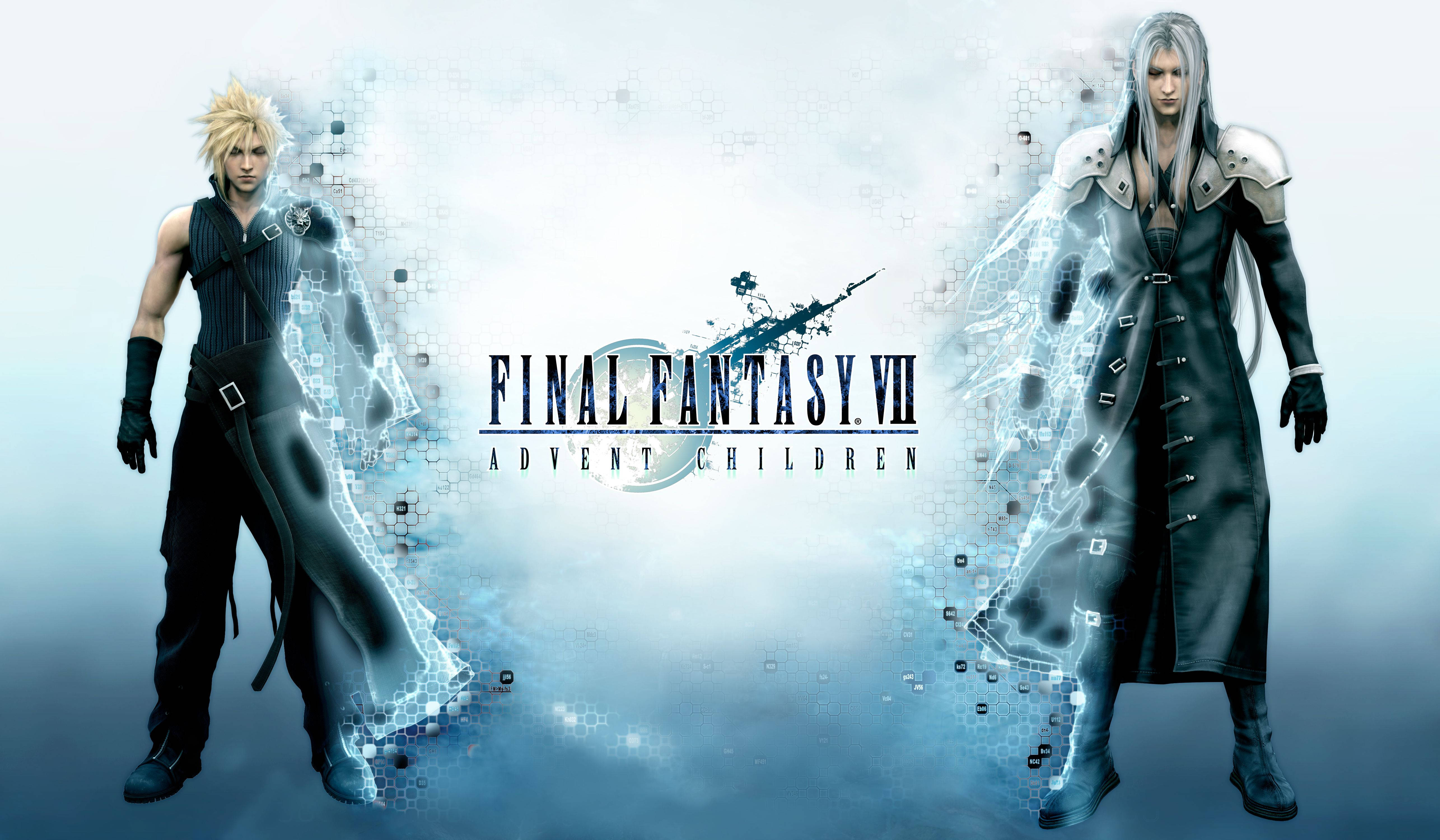 賽菲羅斯雙色雲 壁紙 — 兩個來自《Final Fantasy VII 降臨之子》的動漫角色站在帶有像素化能量效果的發光藍色數位霧氣中。
