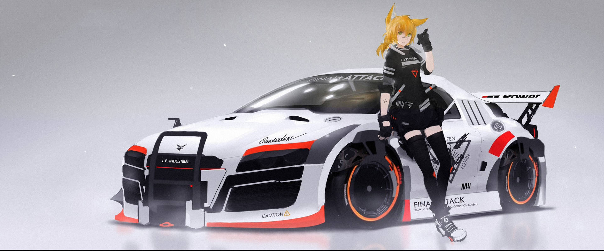 穿著賽車裝備的動漫女孩靠在一輛未來主義的賽車上。