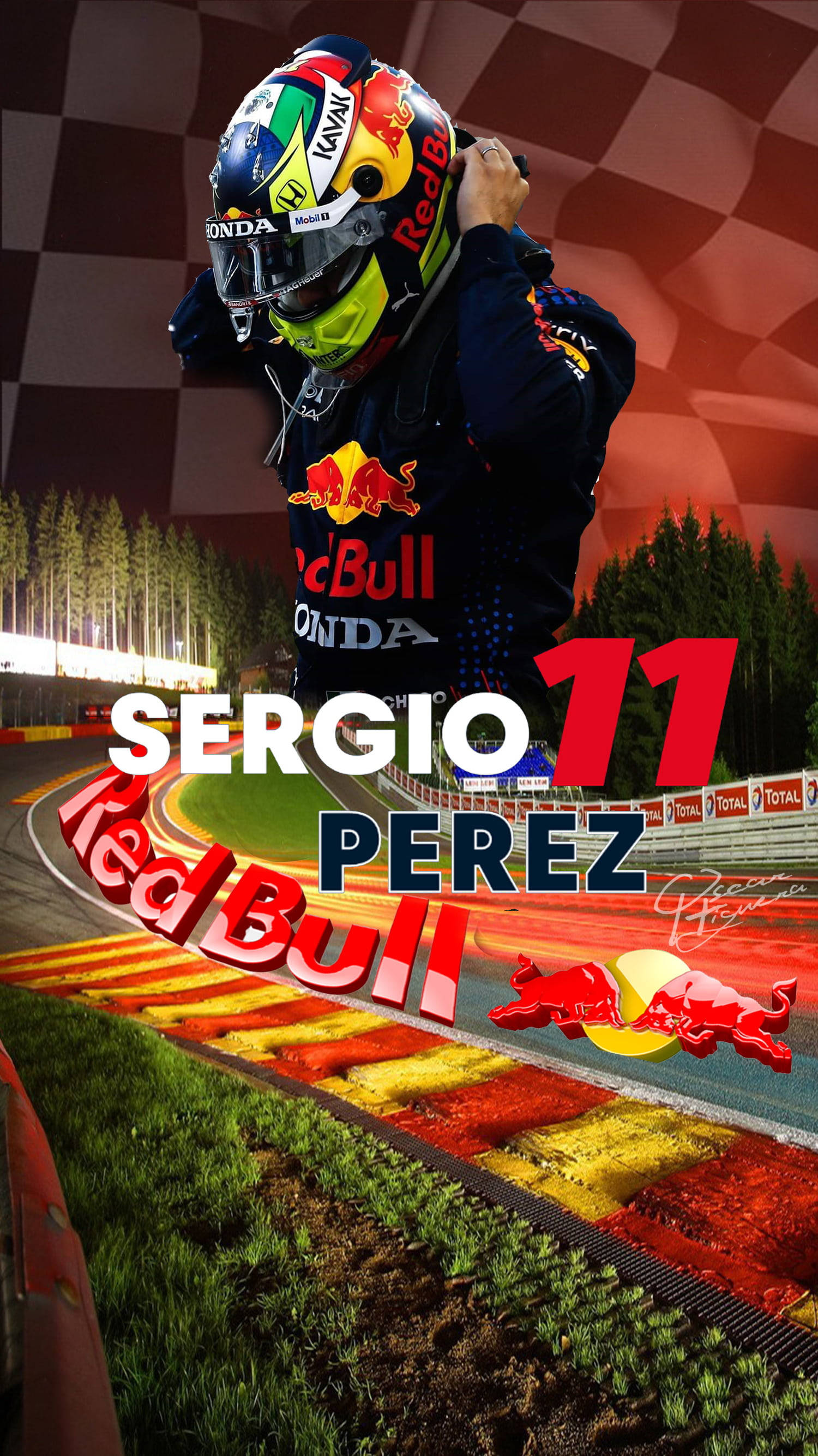 sergio perez 桌布 壁紙 — 賽車手 Sergio Perez 身穿 Red Bull 裝備，在夜晚的方格旗賽道上慶祝勝利。