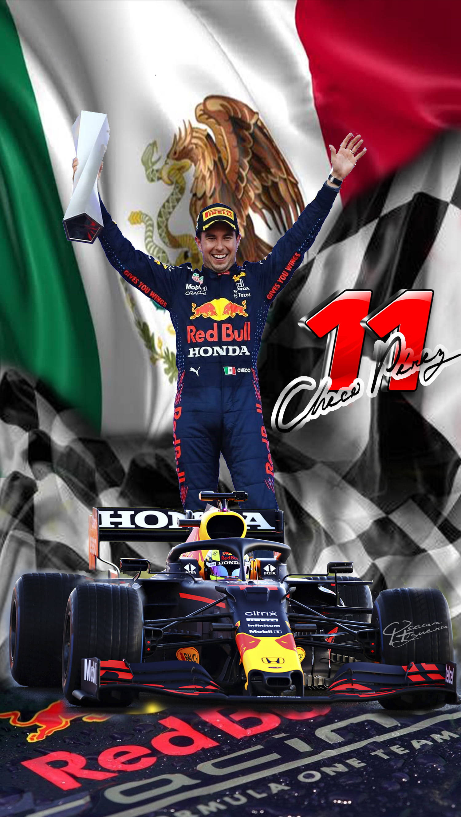 sergio perez 桌布 壁紙 — 賽車手 Sergio Perez 在墨西哥國旗和方格旗背景下，舉起雙臂慶祝他在 Red Bull Honda F1 賽車中的勝利。