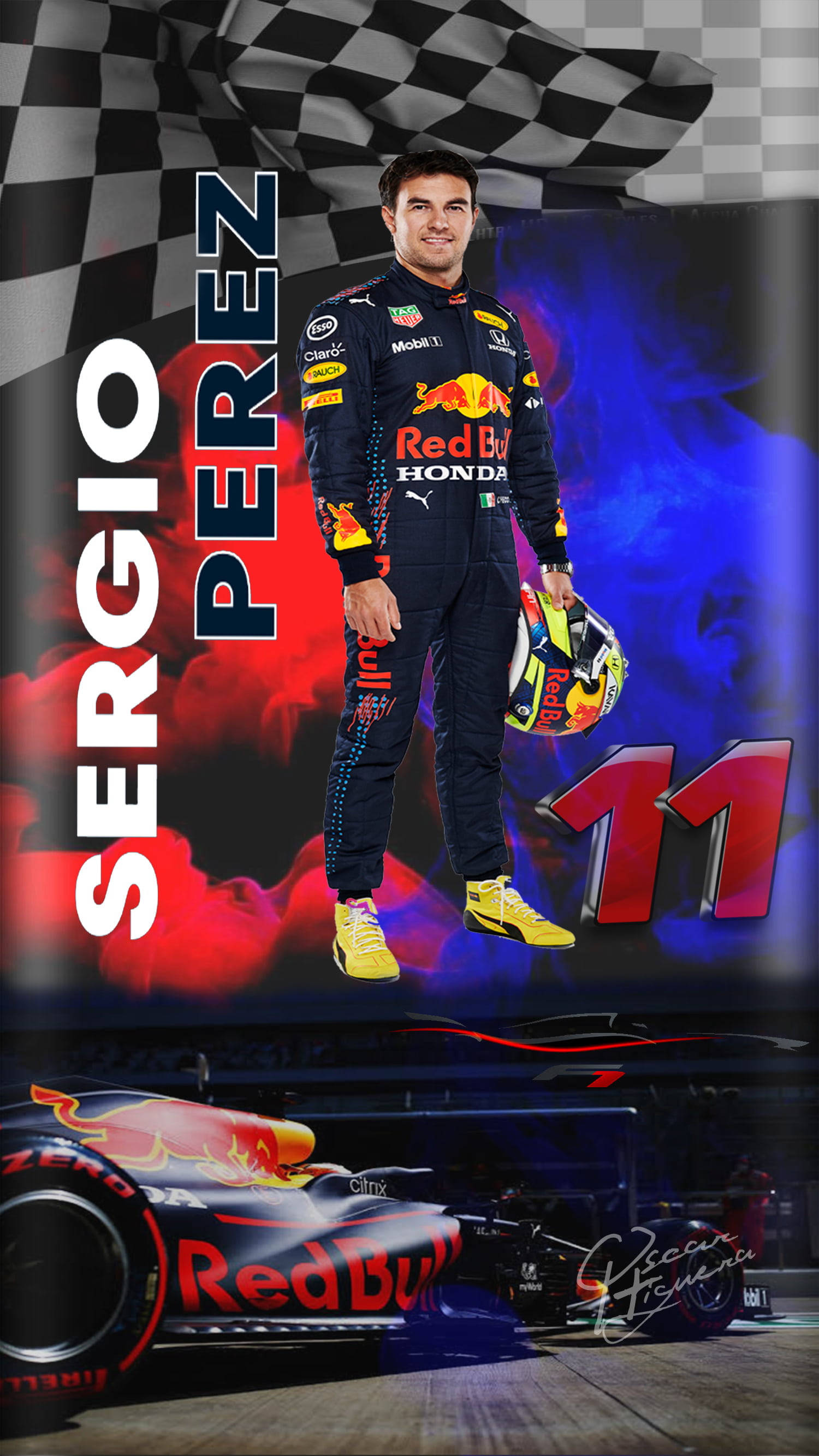 sergio perez 桌布 壁紙 — 賽車手 Sergio Perez 身穿紅牛賽車服，頭戴頭盔，自豪地站在他的 Formula 1 賽車旁，背景是格子旗。