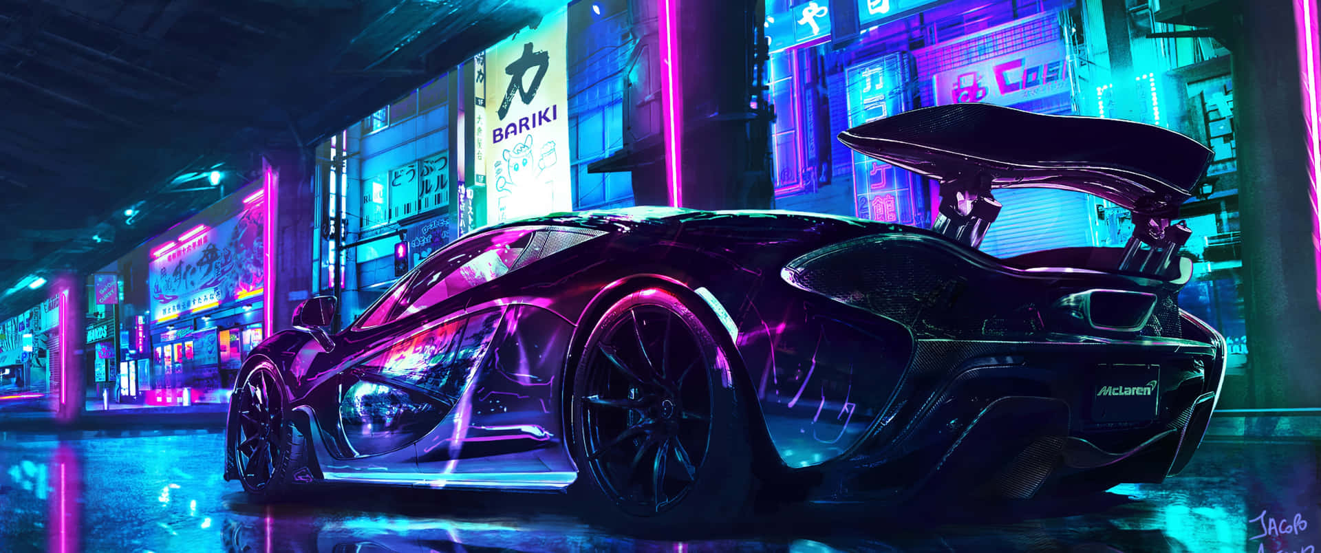 黑色McLaren跑車停在潮濕的街道上，下方是閃爍的霓虹招牌。