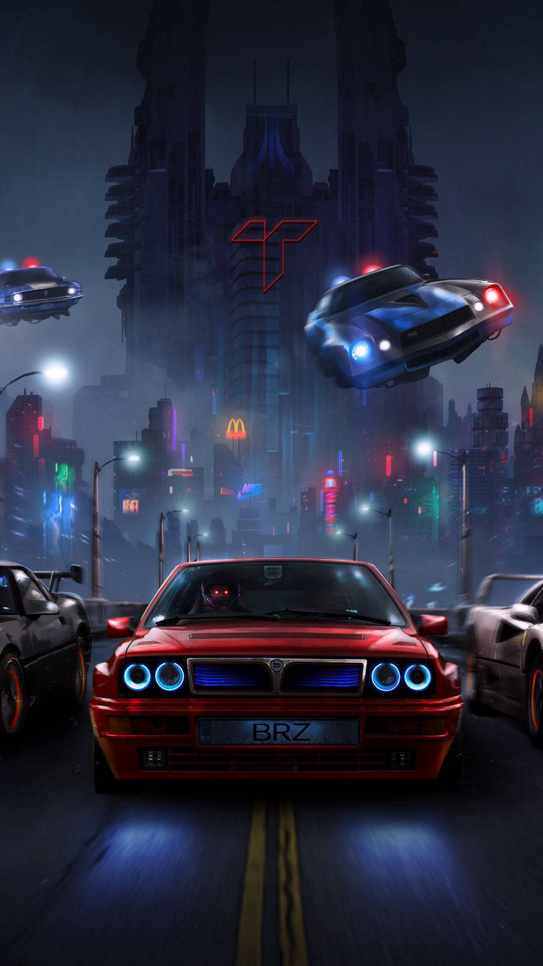 賽車競速虛構場景 壁紙 — 一輛紅色跑車配備發光的藍色車頭燈，行駛在一個霓虹燈閃爍的未來城市中，周圍有飛天汽車和高聳的摩天大樓。