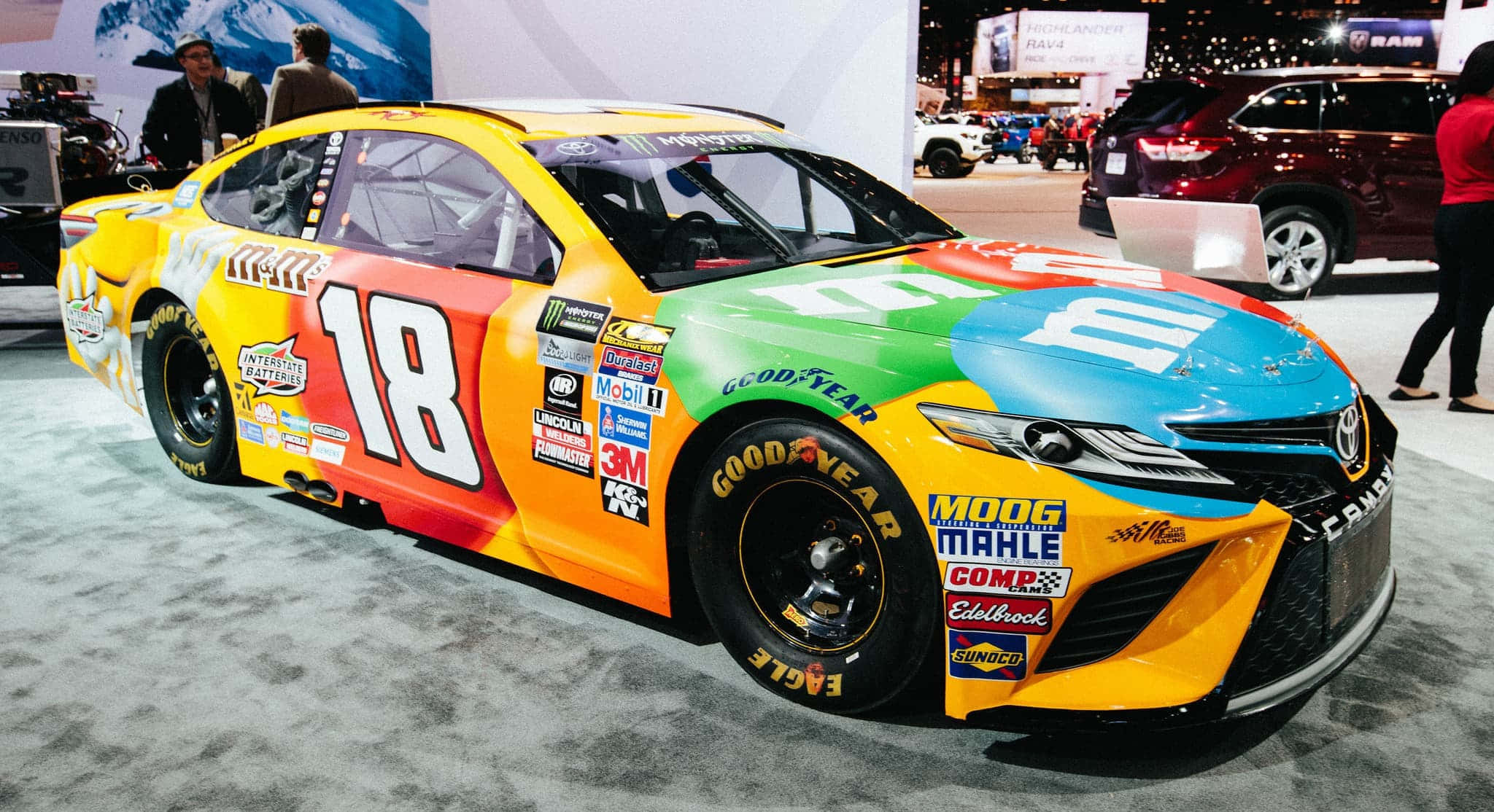 色彩繽紛的M&M's NASCAR賽車18號在汽車展上展示