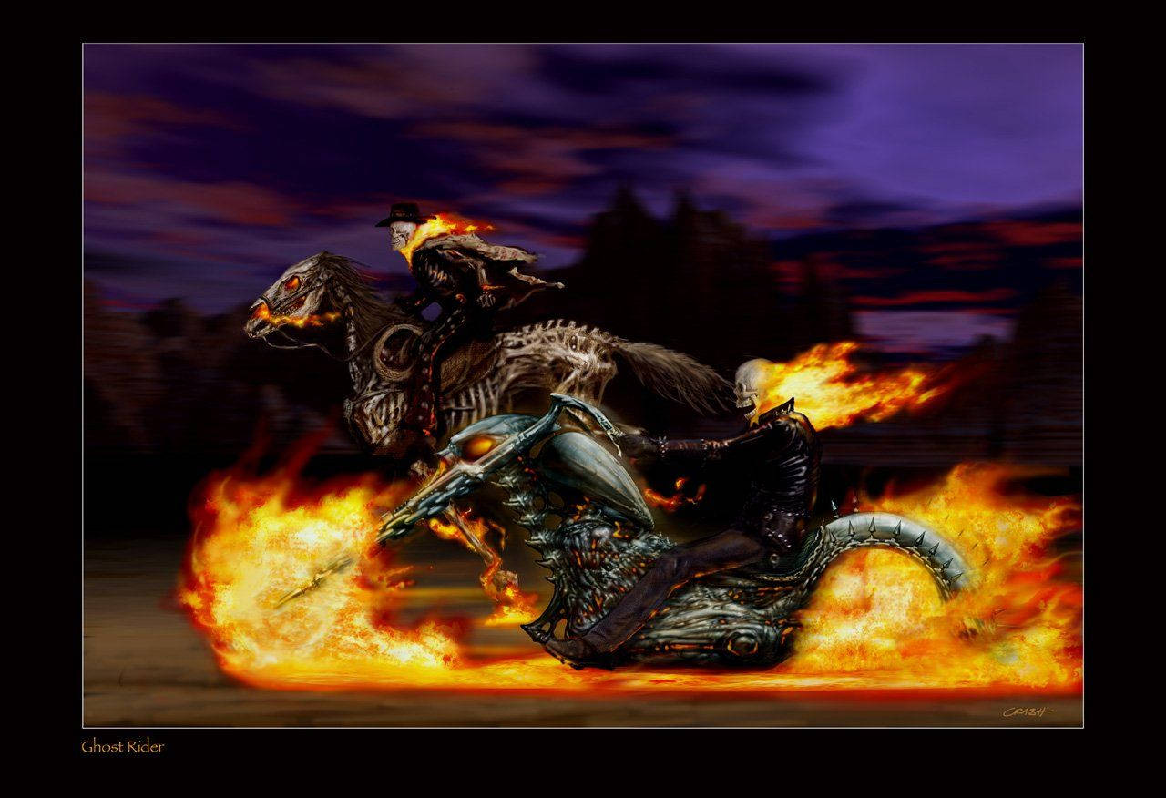 Ghost Rider 在黃昏時分騎著燃燒的摩托車，身後有骷髏馬。 — 鬼 Rider 壁紙