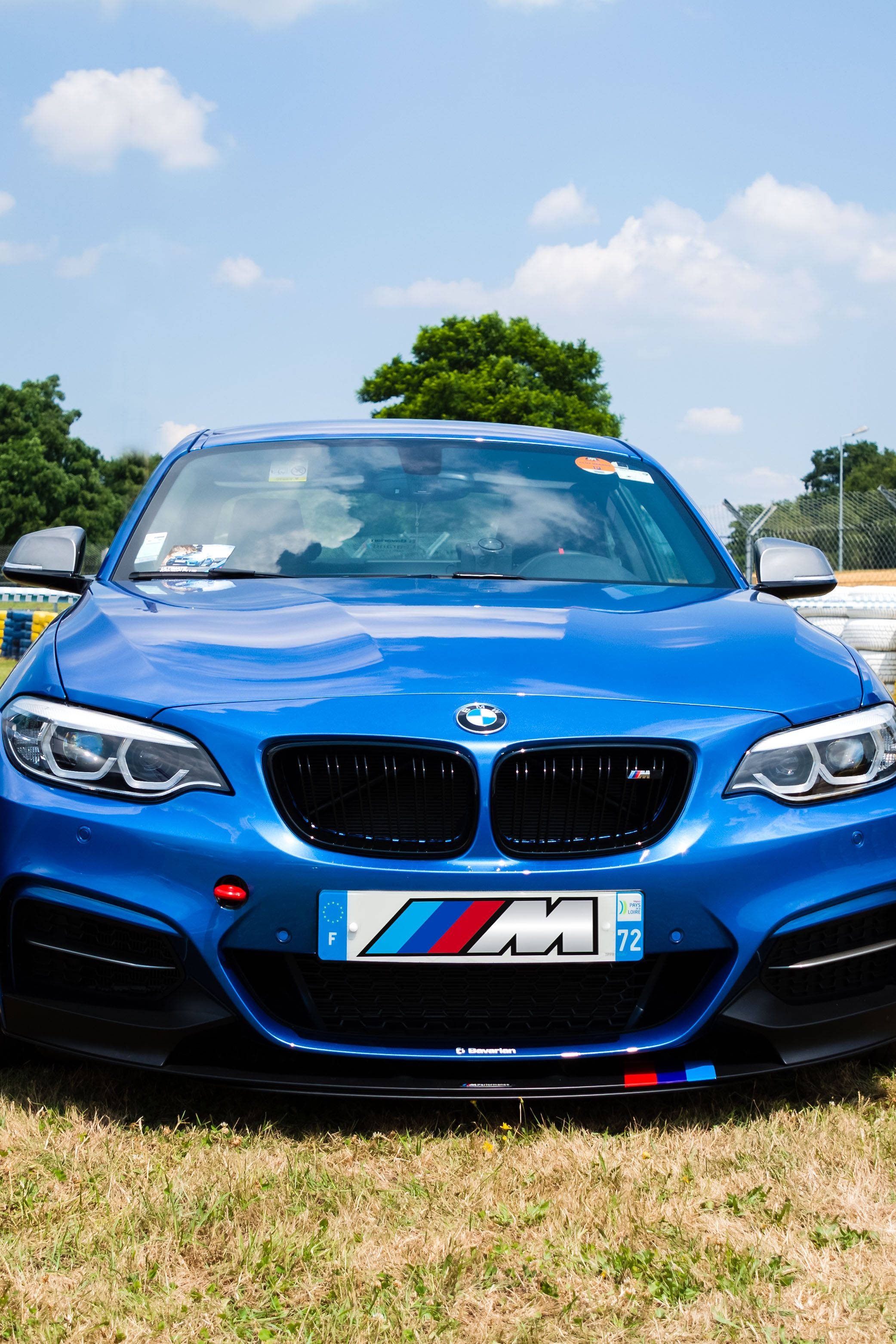 賽道旁的美麗藍色BMW 壁紙 — 一輛充滿活力的藍色BMW M2跑車在明亮的陽光下閃閃發光，背景是晴朗的天空和綠樹。