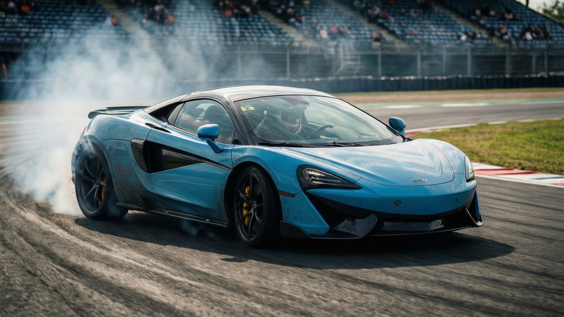 藍色McLaren在賽道上漂移，背景有煙霧和觀眾。