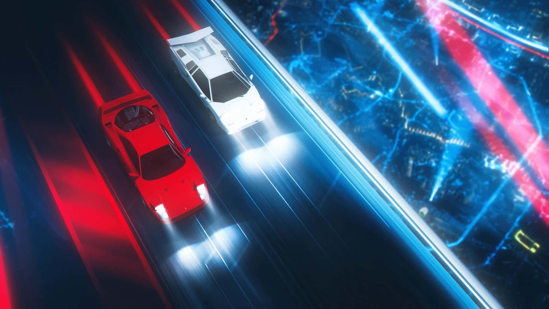 兩輛高速跑車在夜晚霓虹浸染的高速公路上奔馳。
