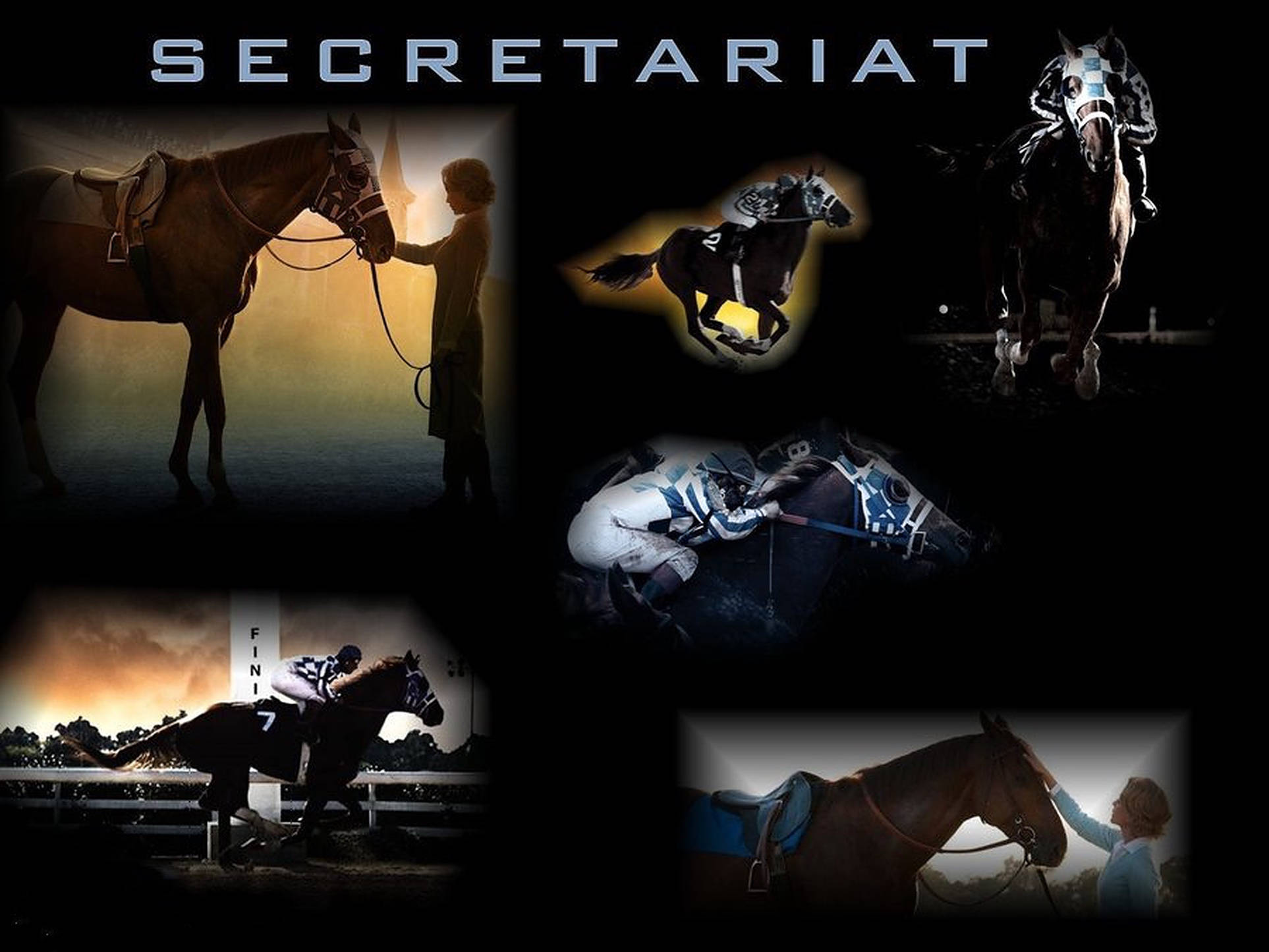 賽馬賽秘拼貼畫 壁紙 — 傳奇賽馬Secretariat在金色和黑暗燈光下行動中及與馴馬師一起的戲劇性拼貼畫。