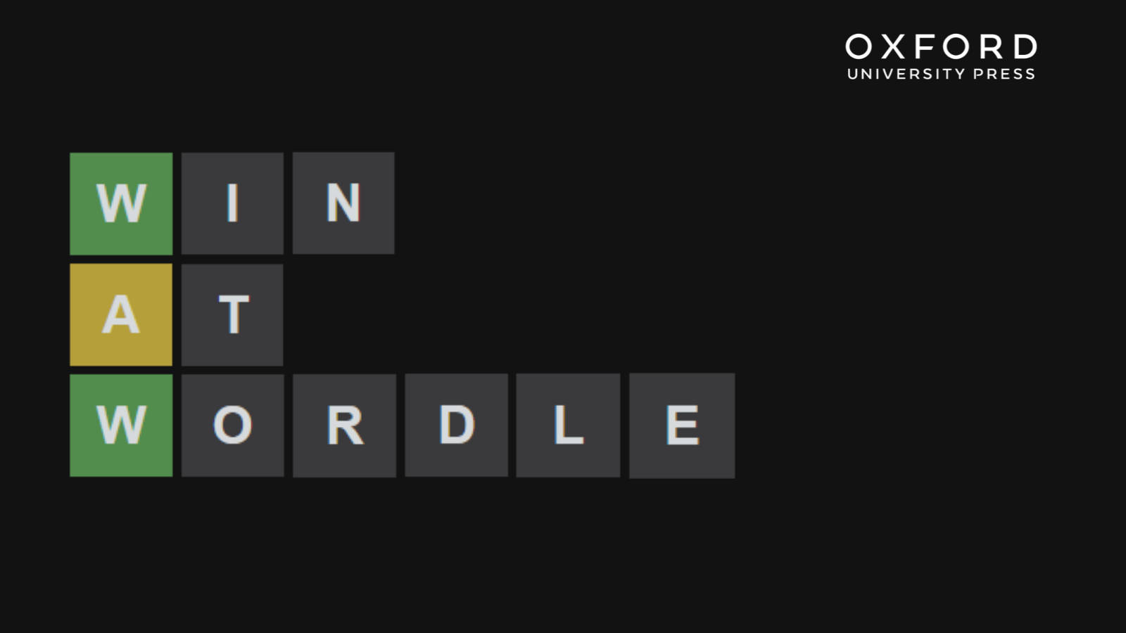 Wordle 遊戲介面，顯示「WIN AT WORDLE」和彩色字母方塊。
