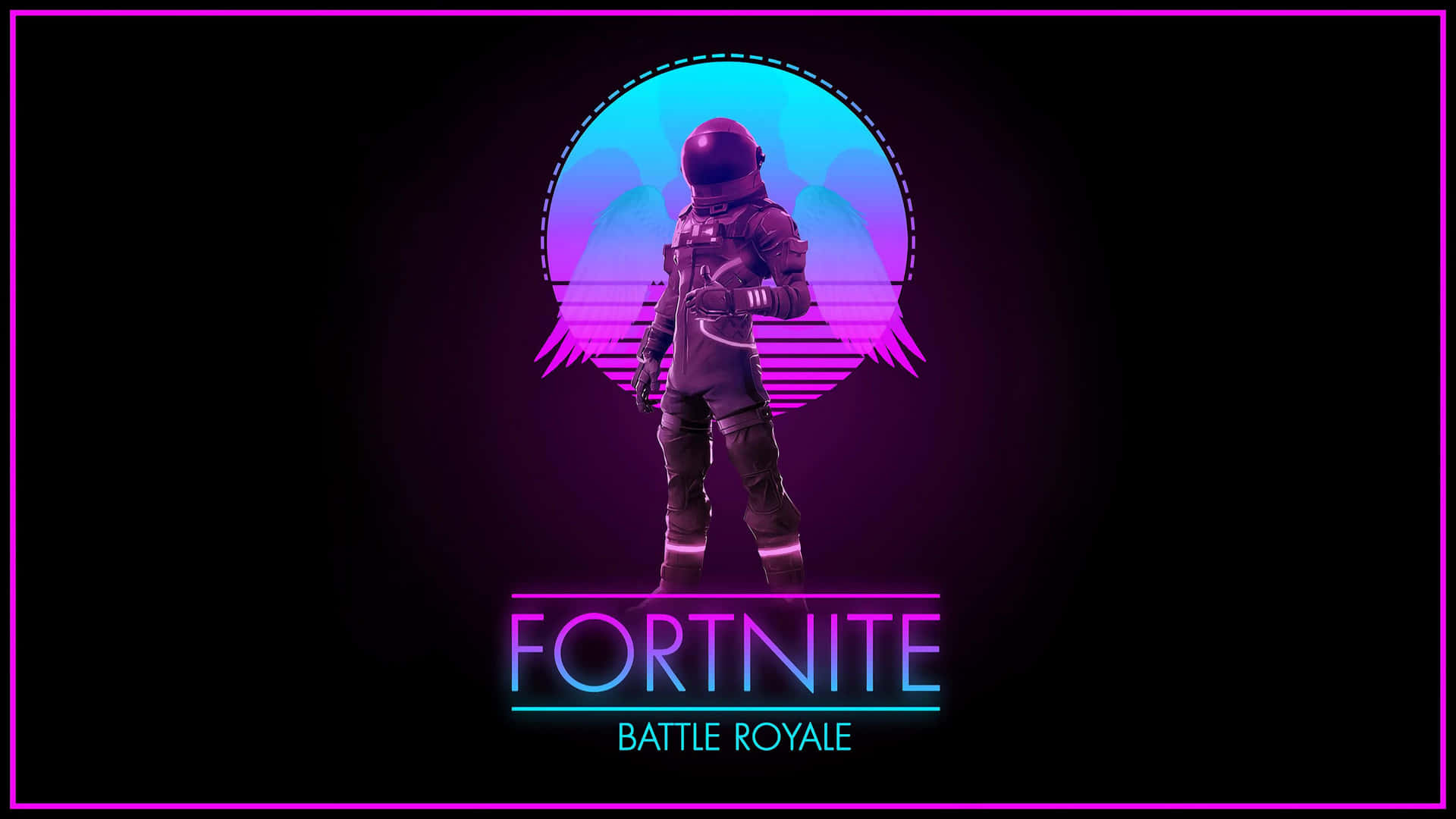 一個帶有像素翅膀的霓虹太空人站在一個發光的圓圈前，帶有Fortnite Battle Royale文字。