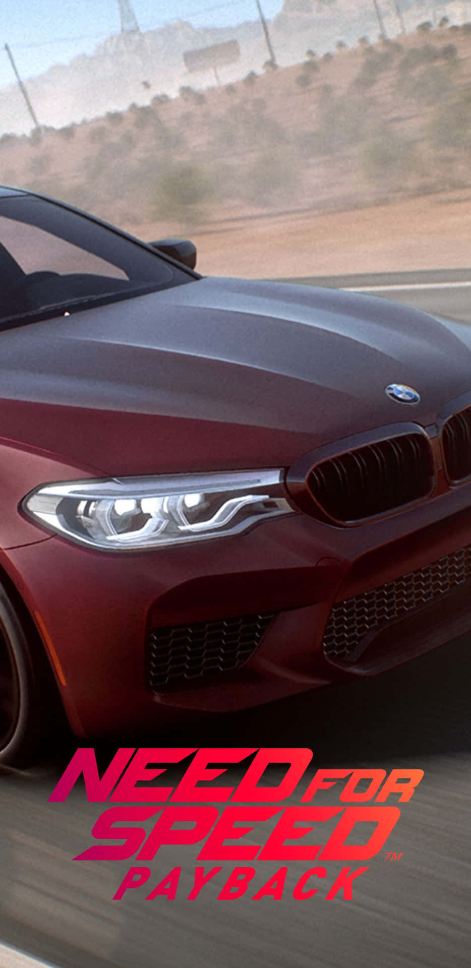 紅色寶馬M5在沙漠公路上賽車，帶有Need for Speed Payback標誌。