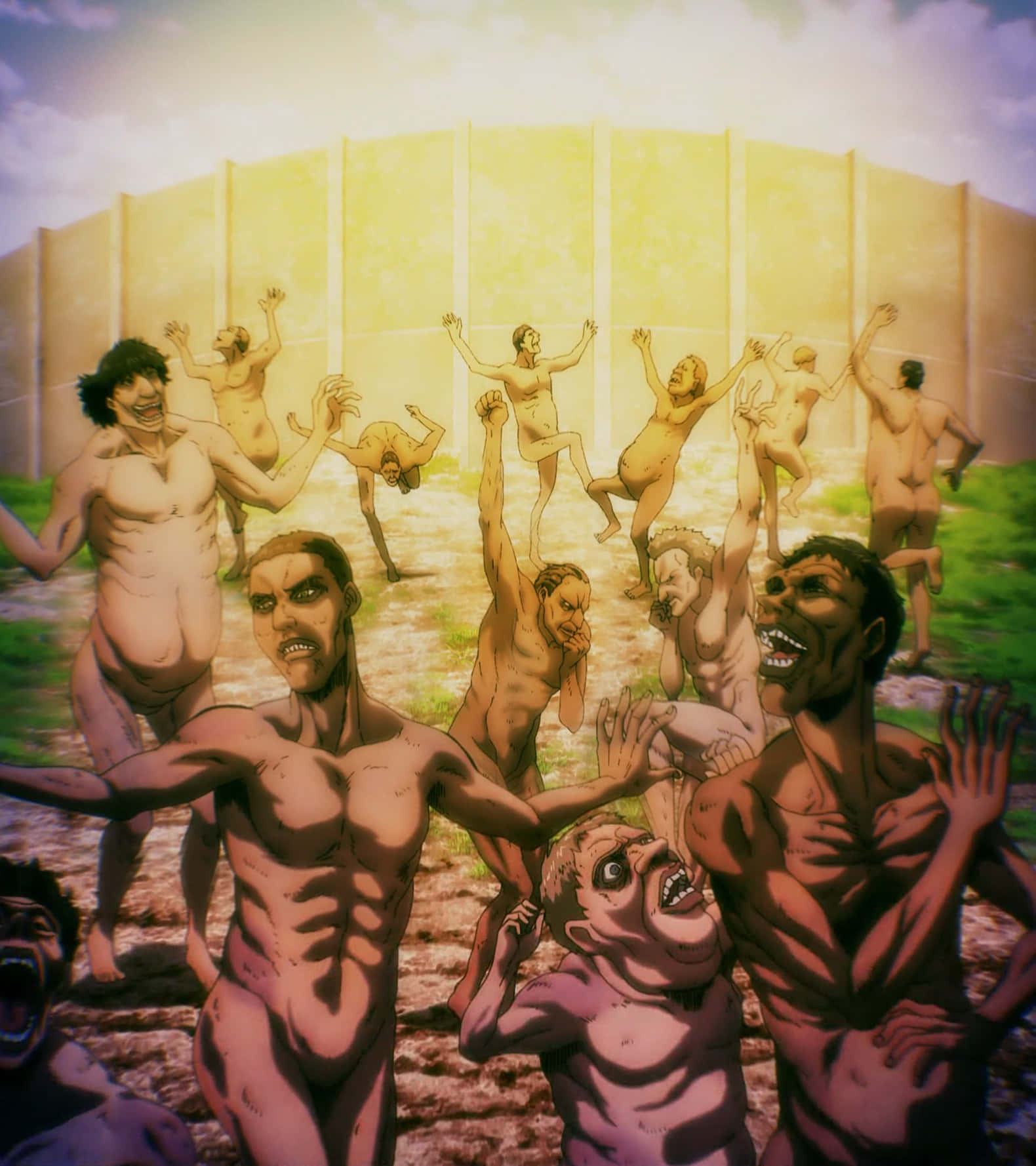 Humanoid Monsters 桌布 壁紙 — 赤裸的人形人物，擁有誇張的肌肉和扭曲的臉孔，在陰天下一座高聳的黃色牆壁前尖叫和跳躍。