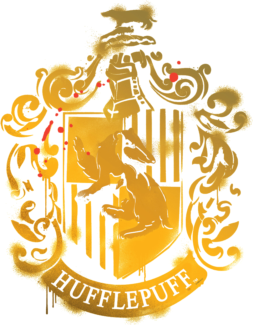 赫奇帕奇學院徽章 壁紙 — 金色嘅赫夫帕夫學院徽章，上面有獾同華麗嘅捲曲花紋，背景係黑色。