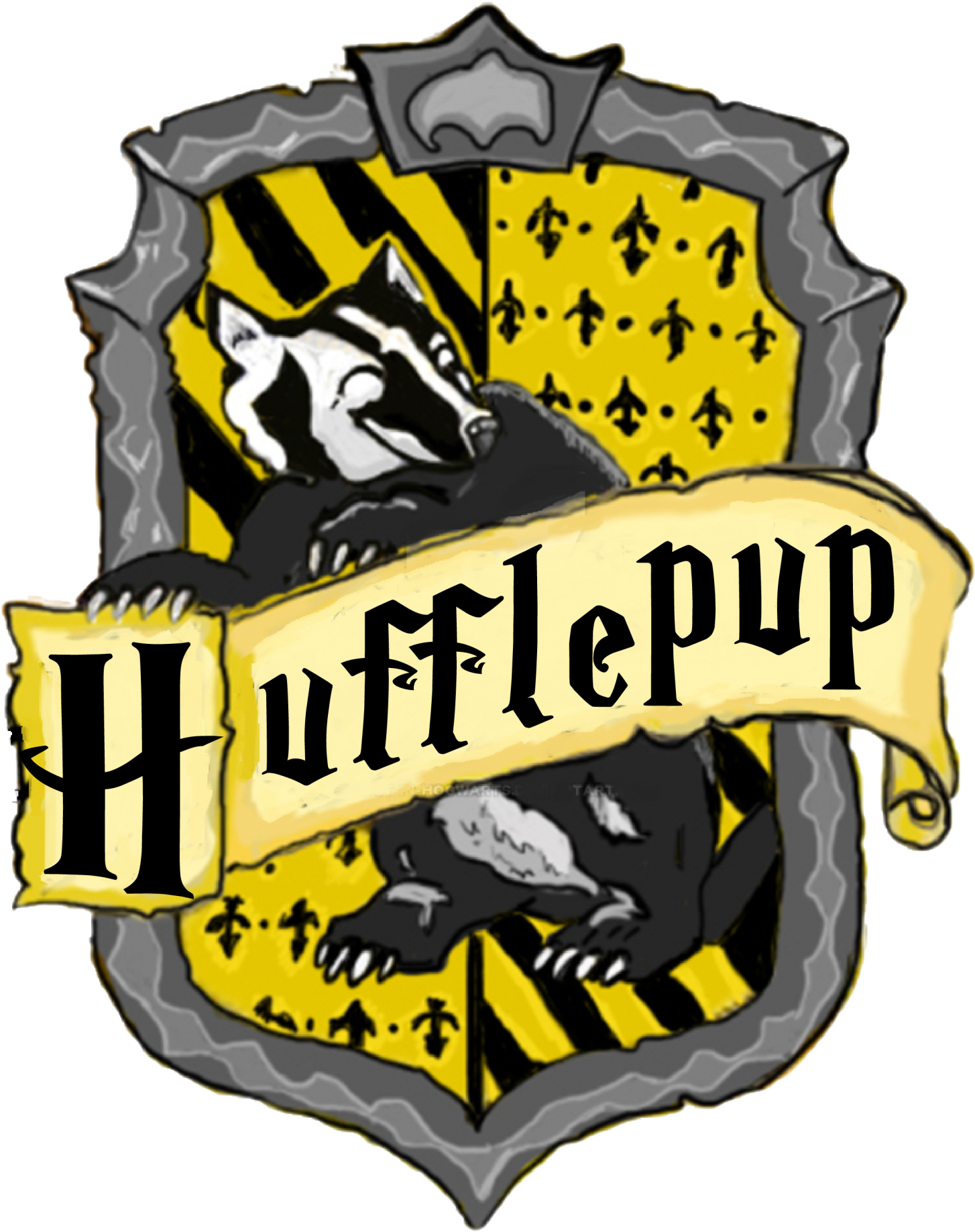 赫奇帕奇學院徽章藝術 壁紙 — 一個風格化的 Hufflepup 徽章，在黃黑盾牌上有一隻獾，並有展示名稱的橫幅。