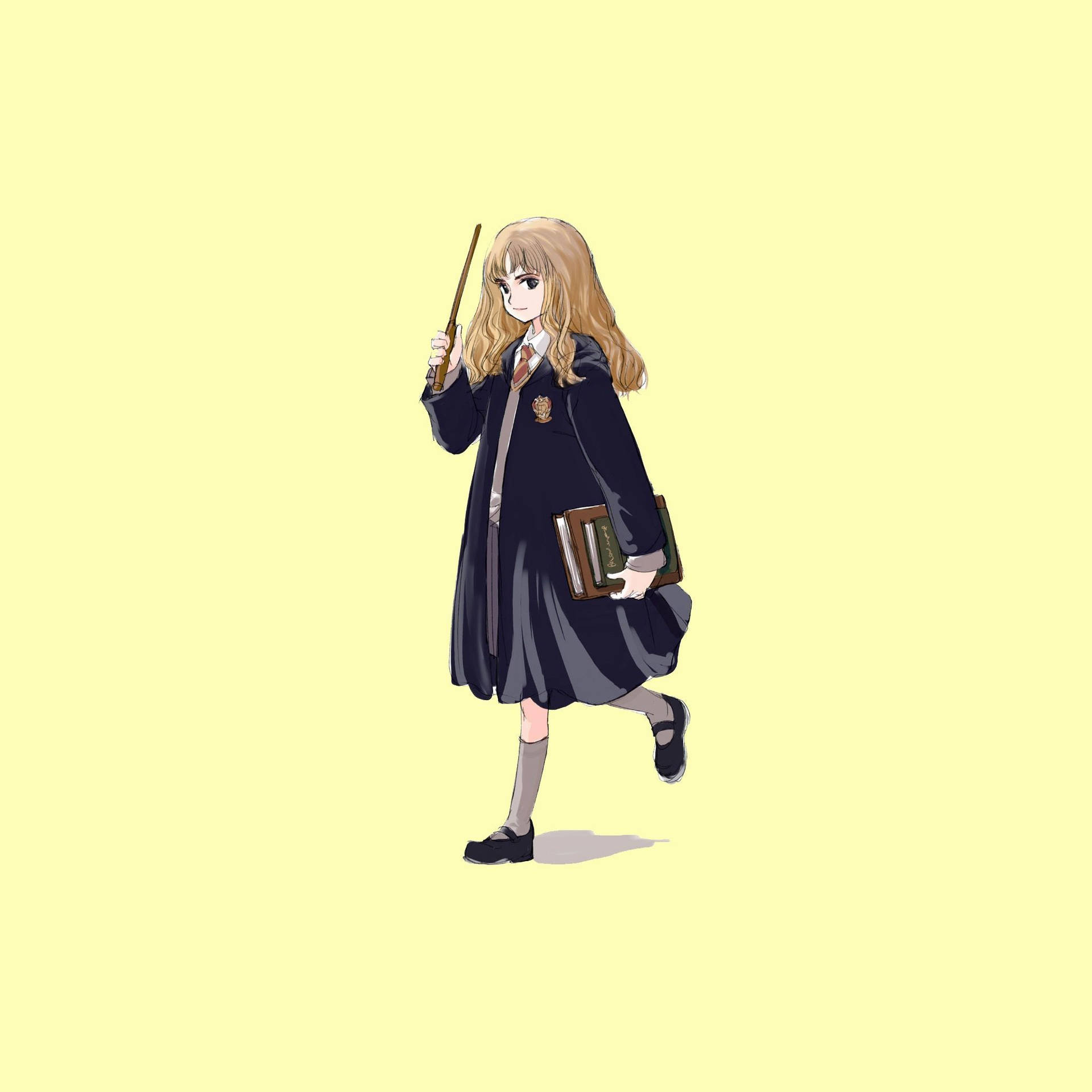 動漫學生穿著校服，拿著魔杖和書本走路。
