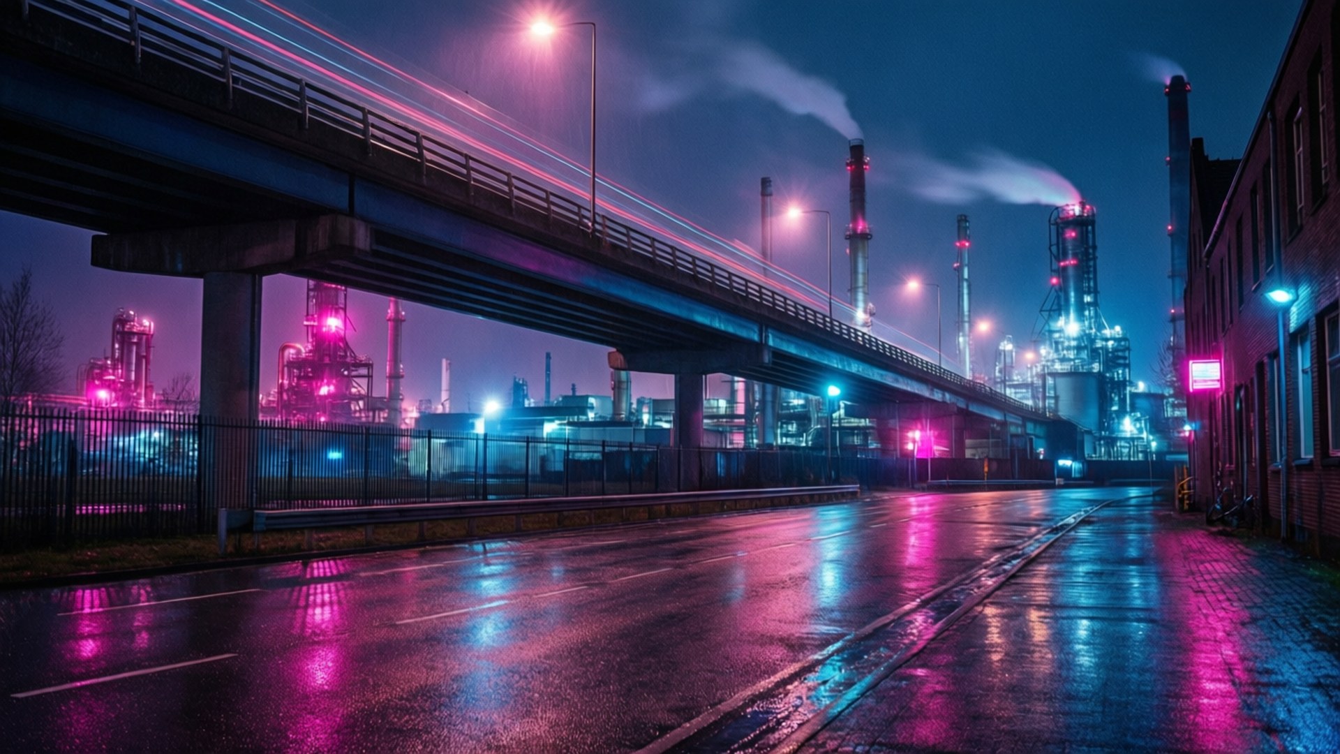 雨濕的都市街道在夜晚閃爍著來自工廠和橋樑的霓虹燈光。