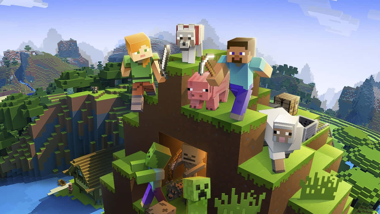 赫羅布林在《我的世界》宇宙中屹立不搖 壁紙 — 方塊狀的Minecraft角色和動物站在長滿草的懸崖上，俯瞰著一個有水和遠處山脈的像素化景觀。
