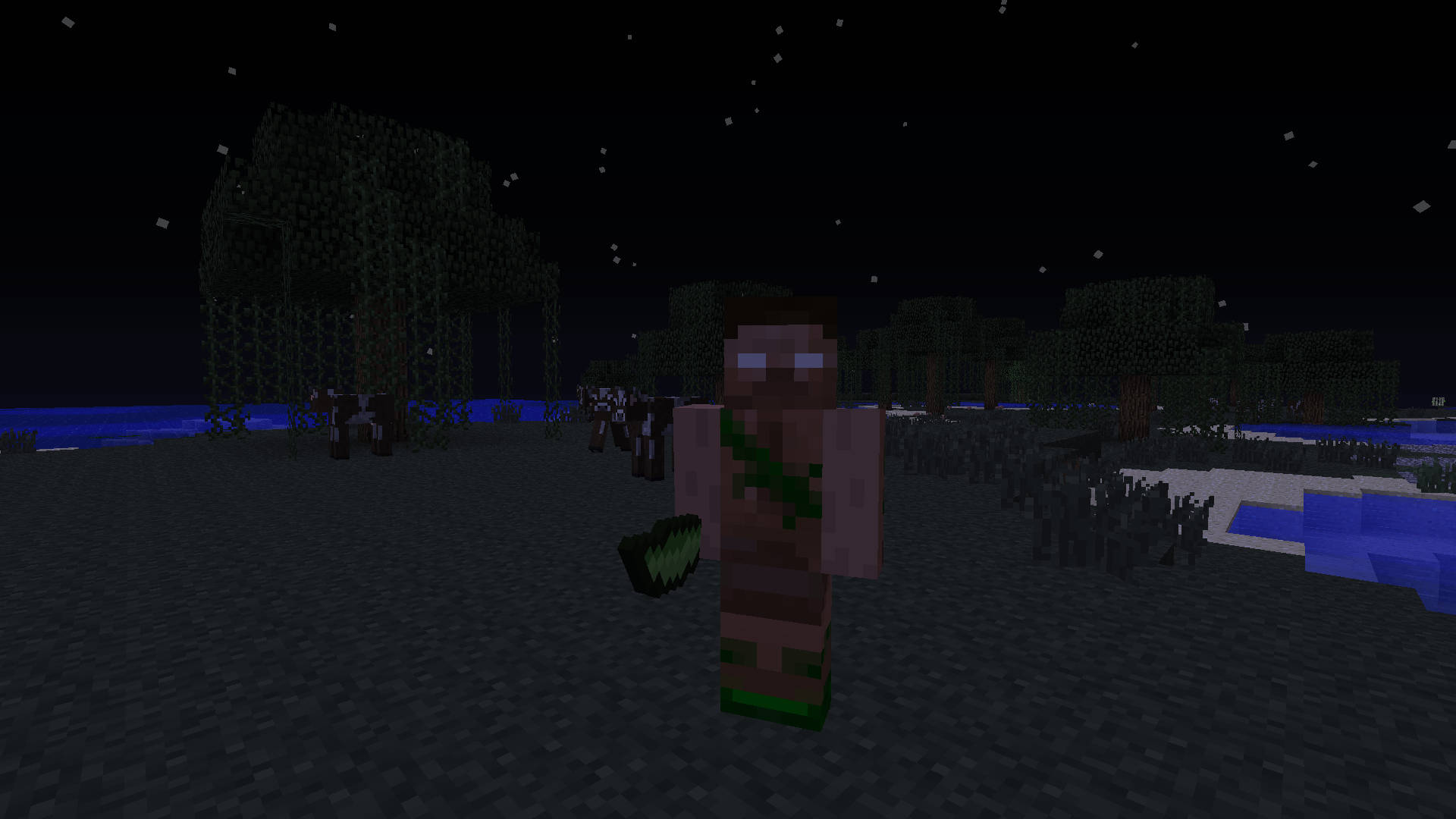 Minecraft角色在夜晚的黑暗森林中，有發光的水和星星