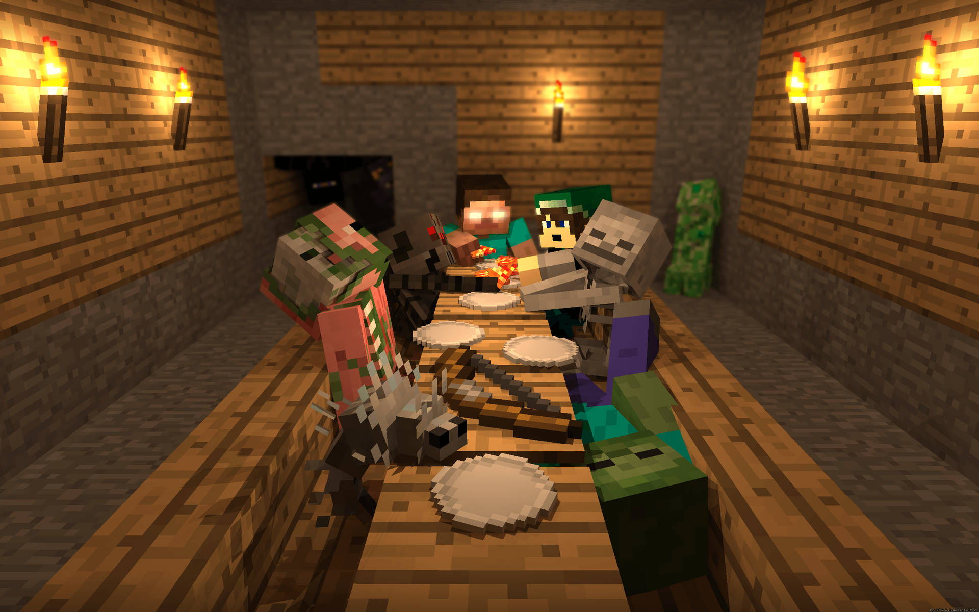 Minecraft 角色在舒適的石頭小屋中圍著木桌分享一頓飯。