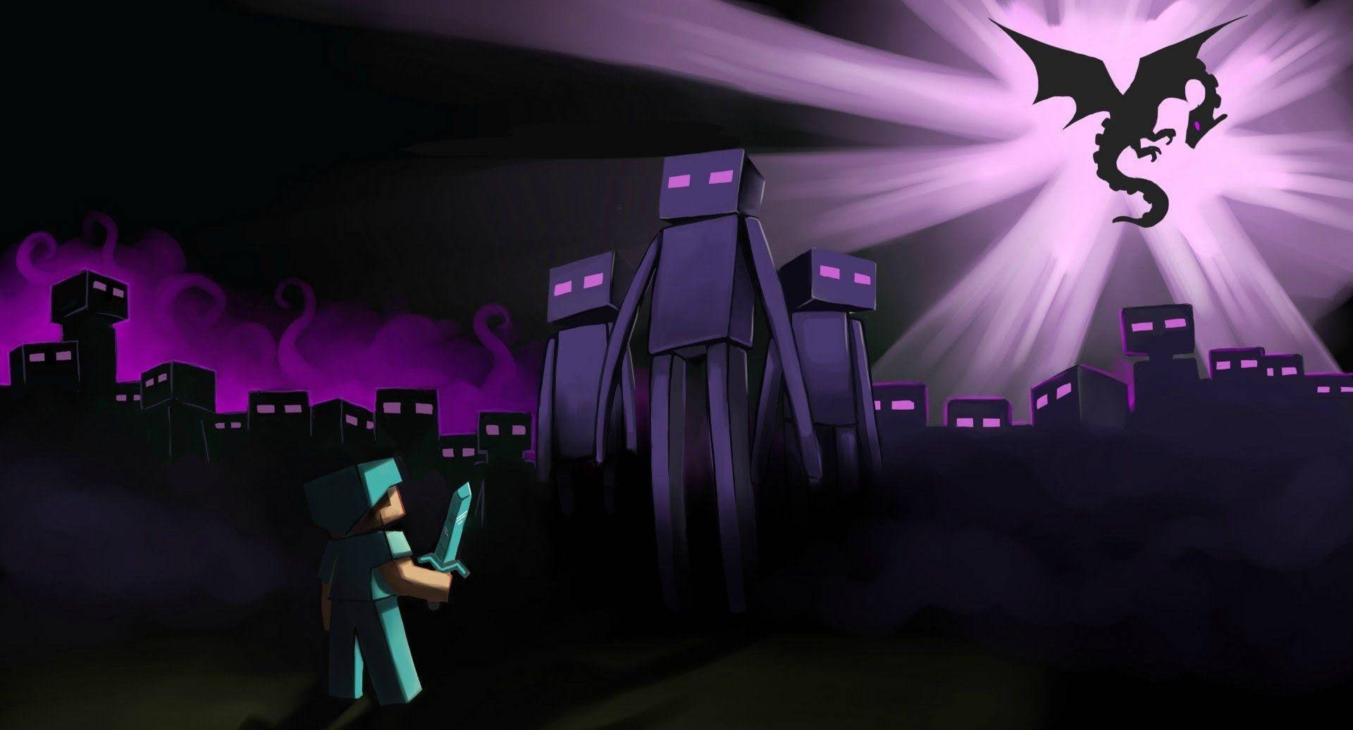 Minecraft玩家面對終界使者，天空中有終界龍