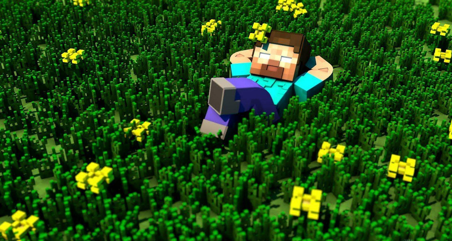 Minecraft角色在長滿黃花的草地上休息