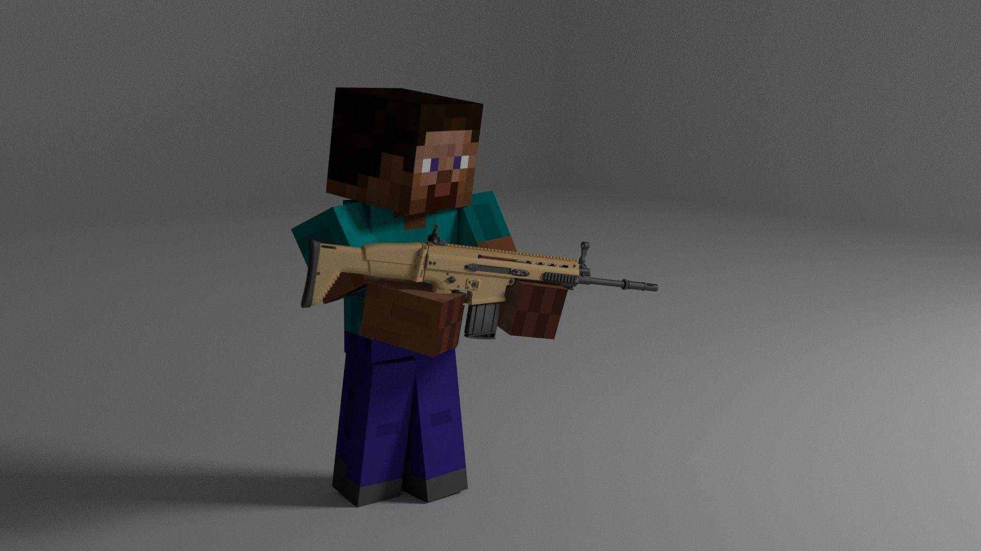 Minecraft角色在工作室中手持突擊步槍