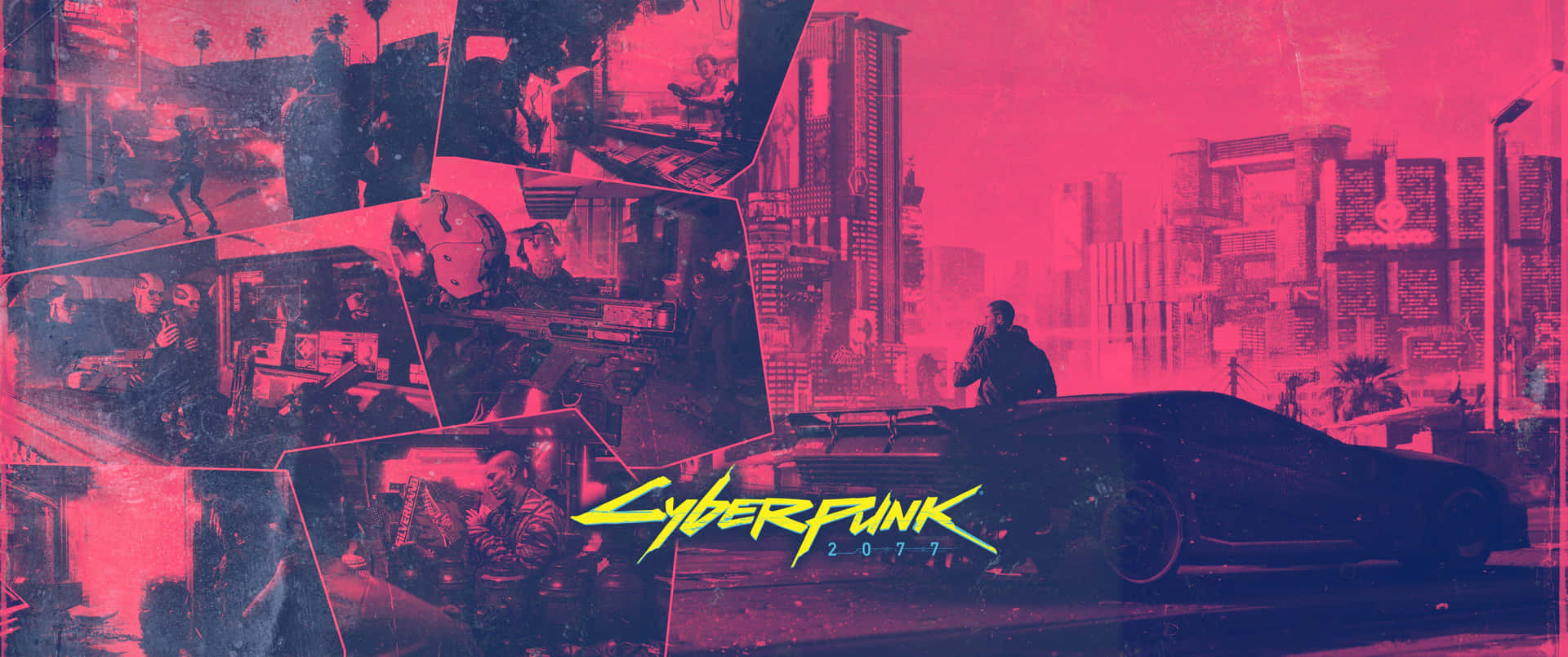 粉紅色天空下，Cyberpunk 2077 城市景觀，霓虹燈和未來主義汽車。