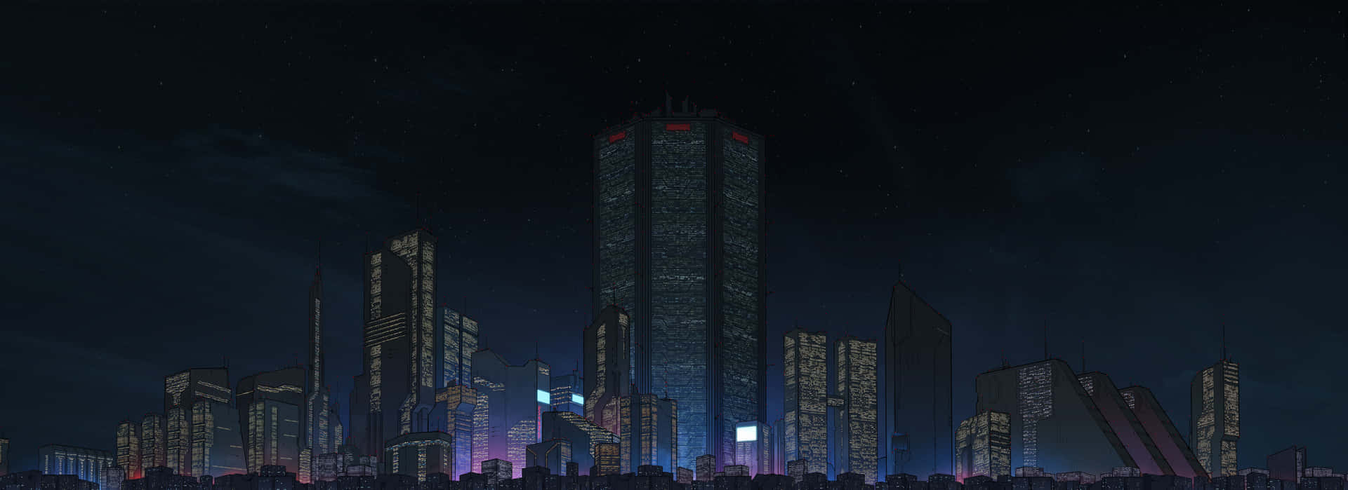 未來城市夜景，閃爍的摩天大樓和星空。