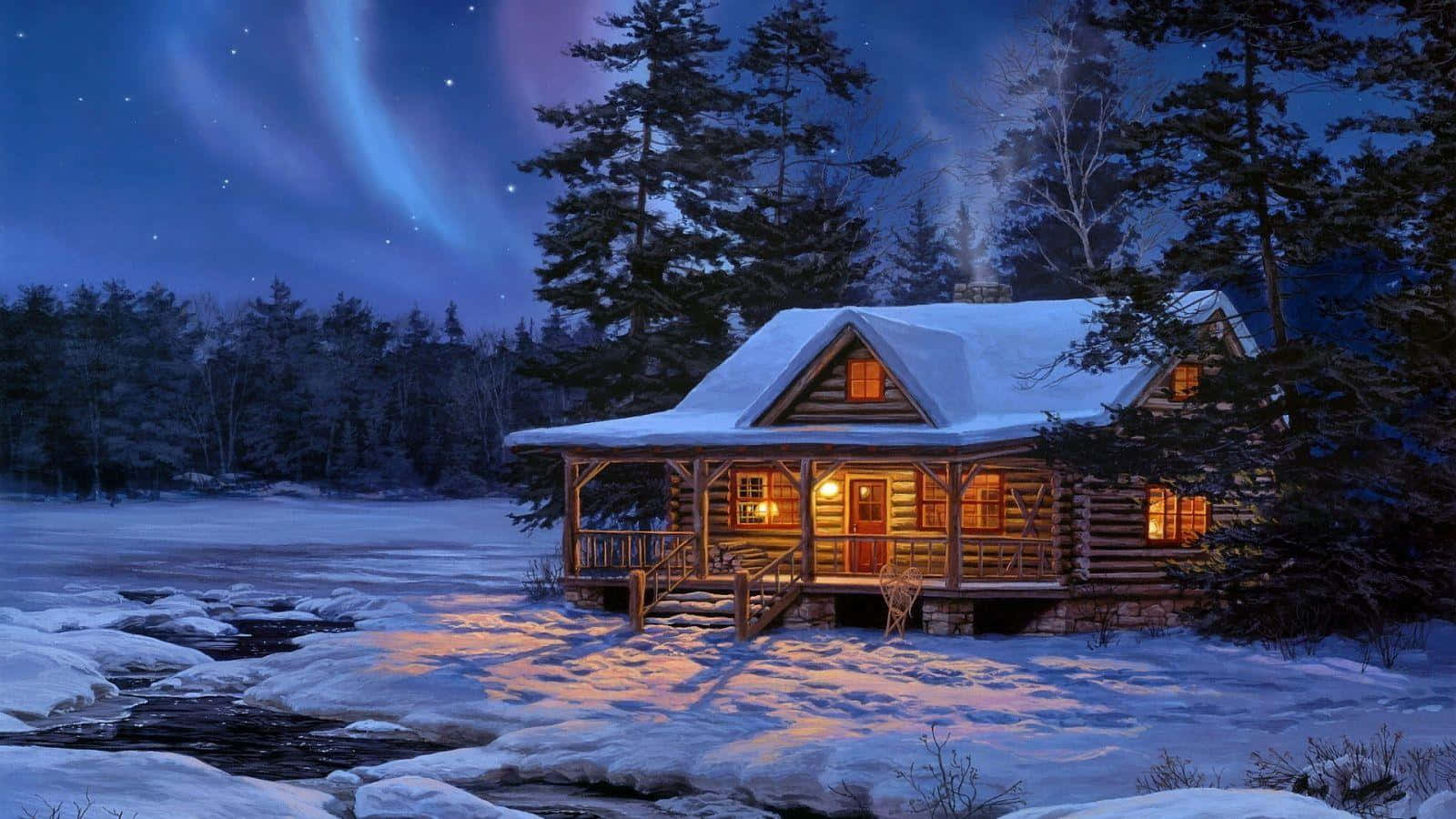 雪地冬季森林中的舒適小屋，夜晚有北極光 — 1600x900 GIF 壁紙