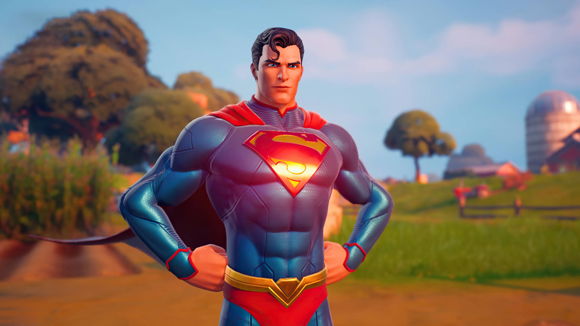 Fortnite中的超人站在陽光明媚的農場環境中，有樹木和穀倉。