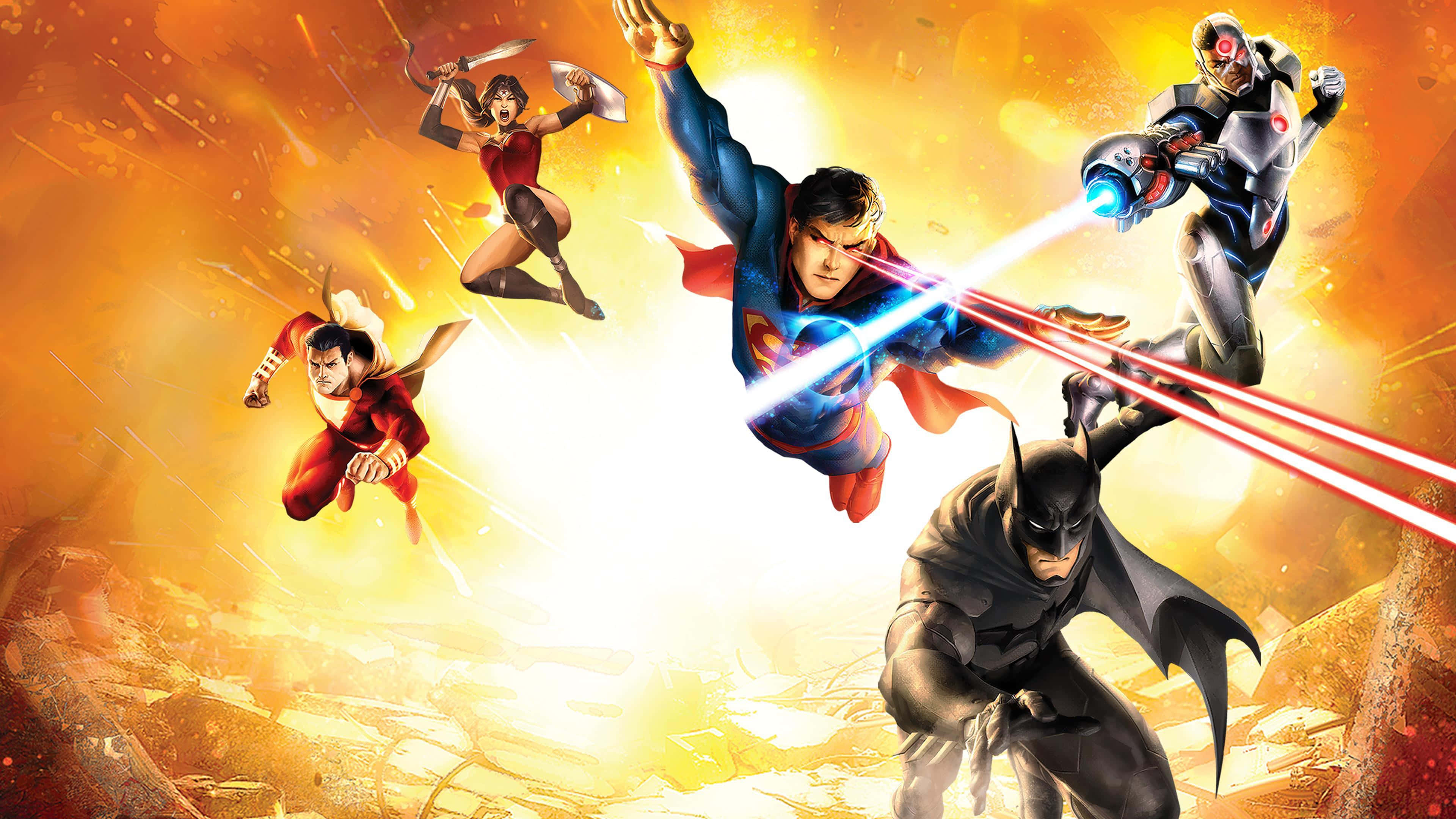 Justice League War 桌布 壁紙 — 超人、蝙蝠俠、神奇女俠和鋼骨在動態的超級英雄動作中飛越熾熱的爆炸。