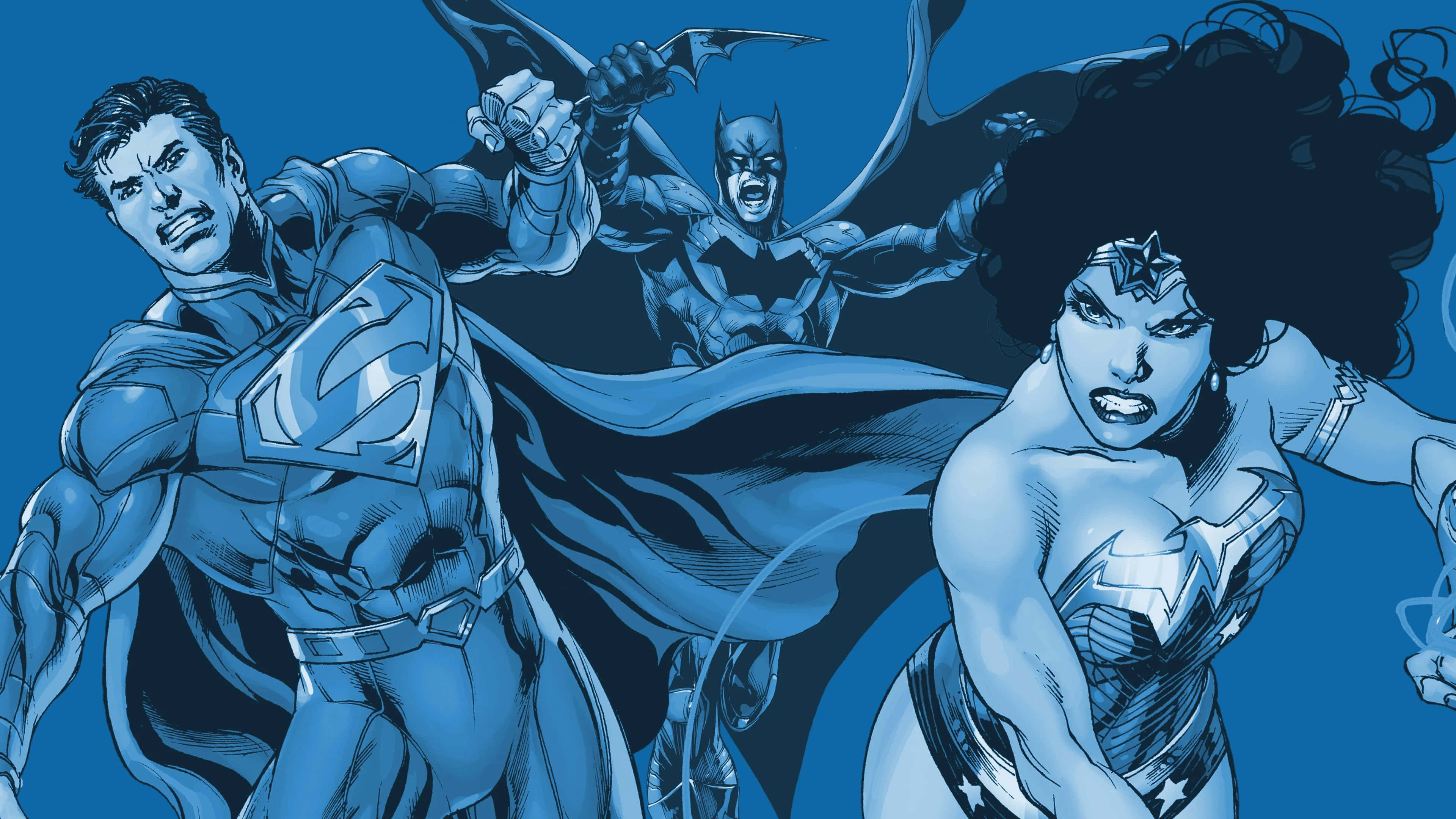 Blackest Night 桌布 壁紙 — 超人、蝙蝠俠和神奇女俠以大膽的藍色單色漫畫風格動態擺姿勢。