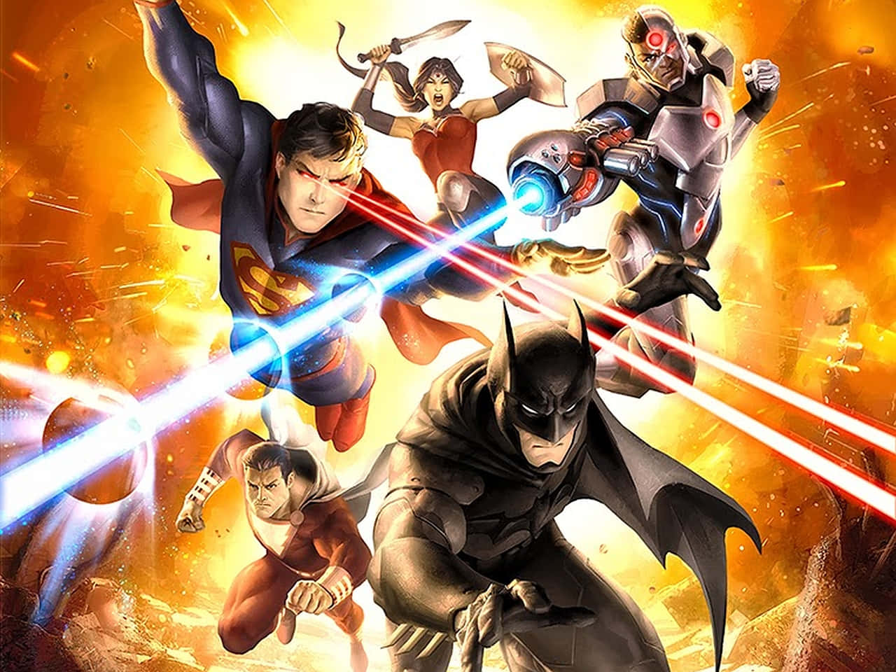 Justice League War 桌布 壁紙 — 超人、蝙蝠俠和神奇女俠與鋼骨在激烈的爆炸戰鬥場景中交鋒。