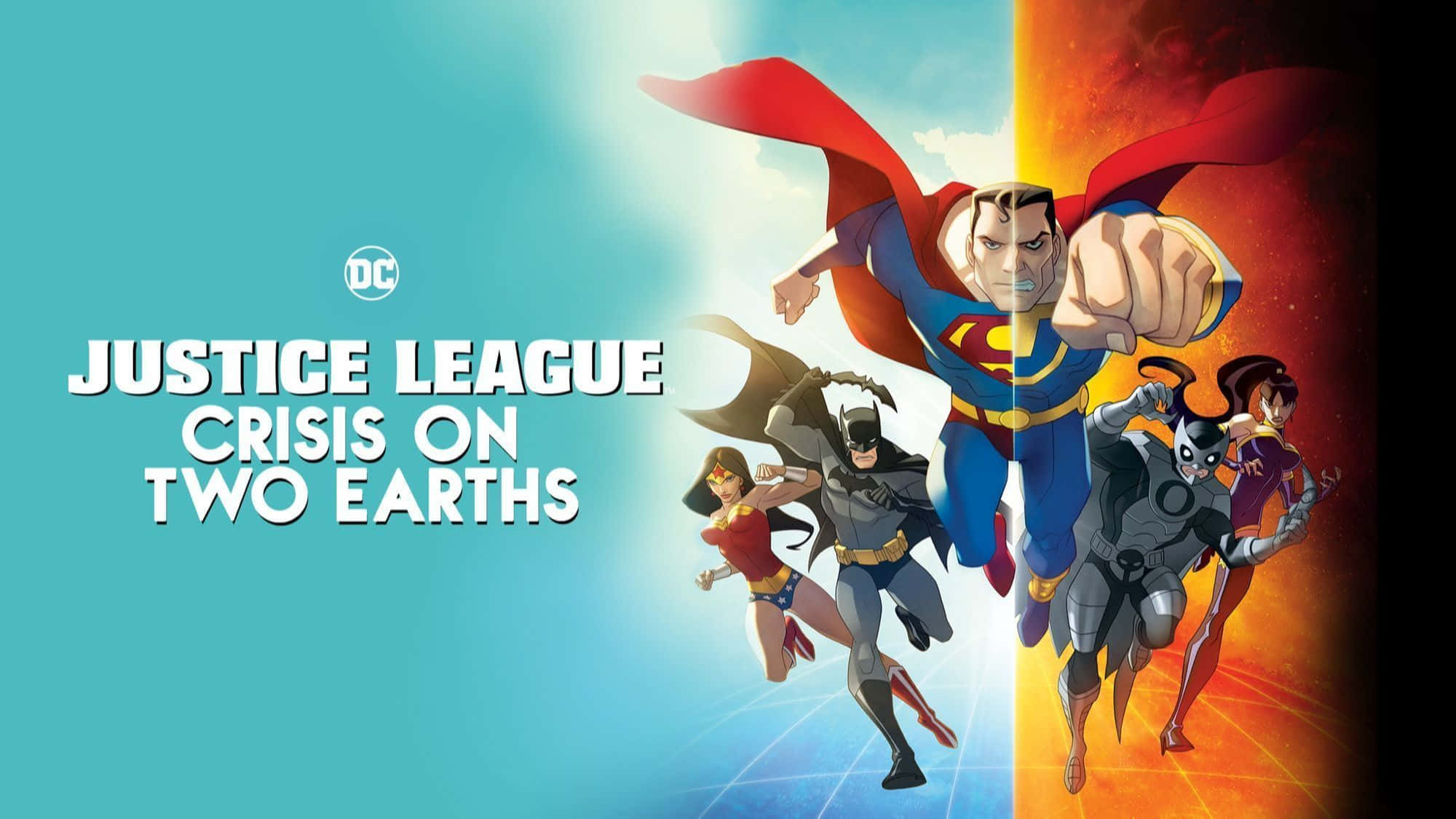 Justice League Crisis On Two Earths 桌布 壁紙 — 超人同正義聯盟英雄喺分裂嘅藍色同橙色宇宙背景下動感飛行。