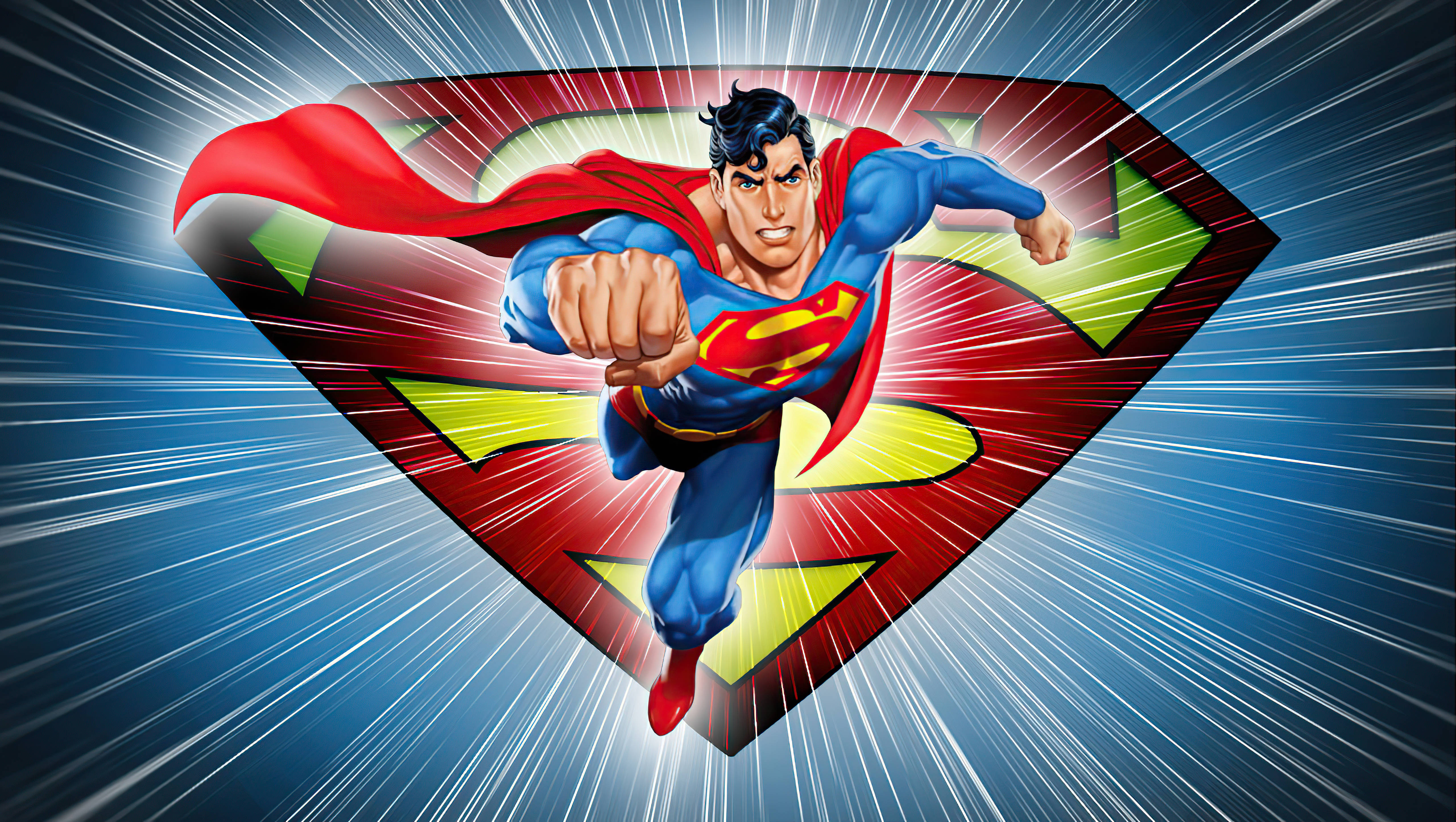 superman flying 桌布 壁紙 — 超人向前飛過一個動態的藍色背景，帶有白色速度線和他標誌性的紅黃色盾牌在他身後。