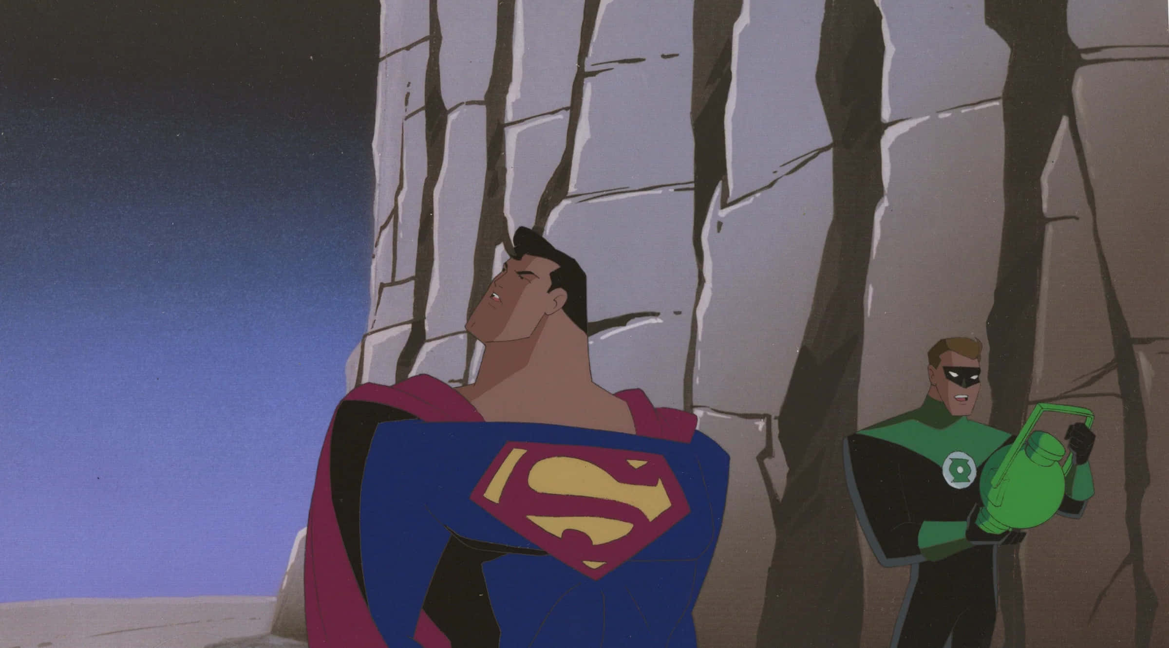 Superman The Animated Series 桌布 壁紙 — 超人和綠燈俠站在裂開的石牆旁，背景是黃昏的天空，採用經典90年代動畫風格。
